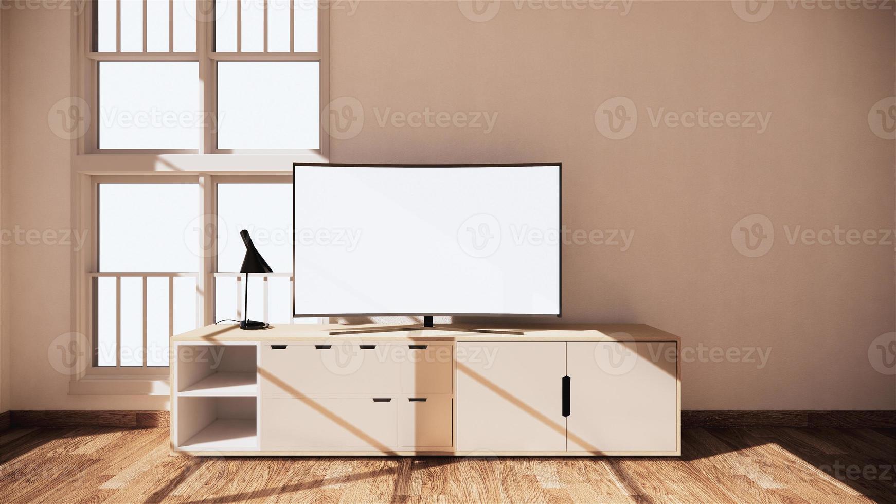 Smart-TV führte auf Kabinettdesign, minimaler weißer Wandhintergrund des Raumes. 3D-Rendering foto