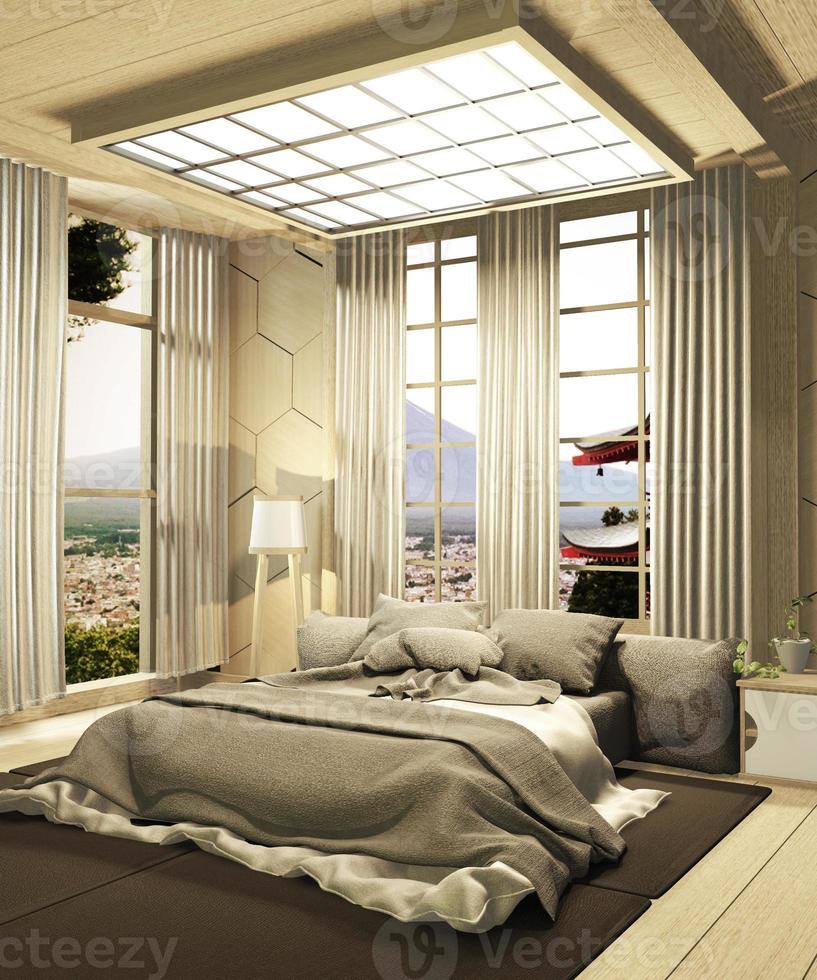 Das moderne Schlafzimmer ist luxuriös, im japanischen Stil und blickt auf den Fuji im Fenster und kann mit einer Aussicht bearbeitet werden. 3D-Rendering foto