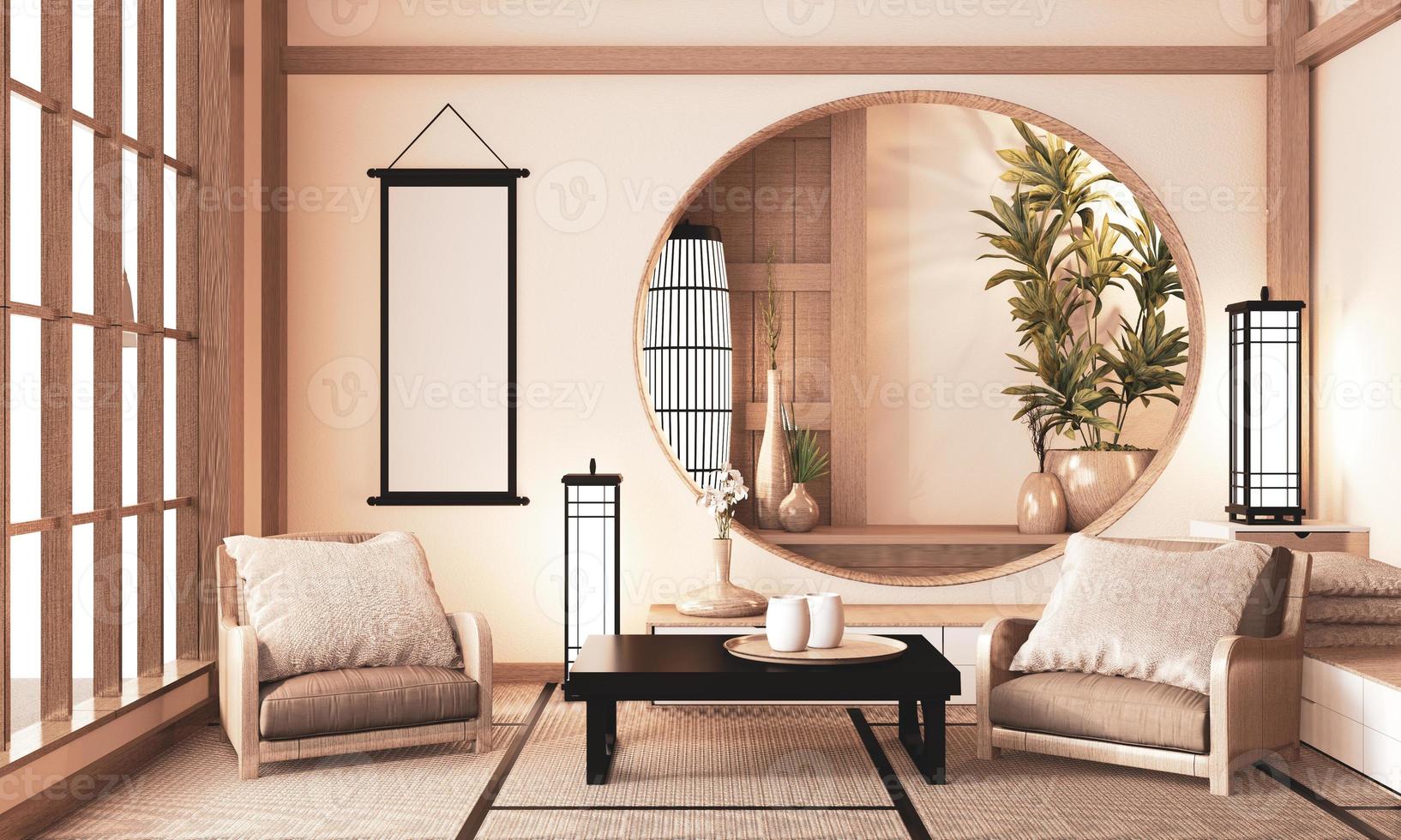 Ryokan sehr Zen-Raum mit Wand-Holzregal-Design und Tatami-Boden, Raumerdton. 3D-Rendering foto