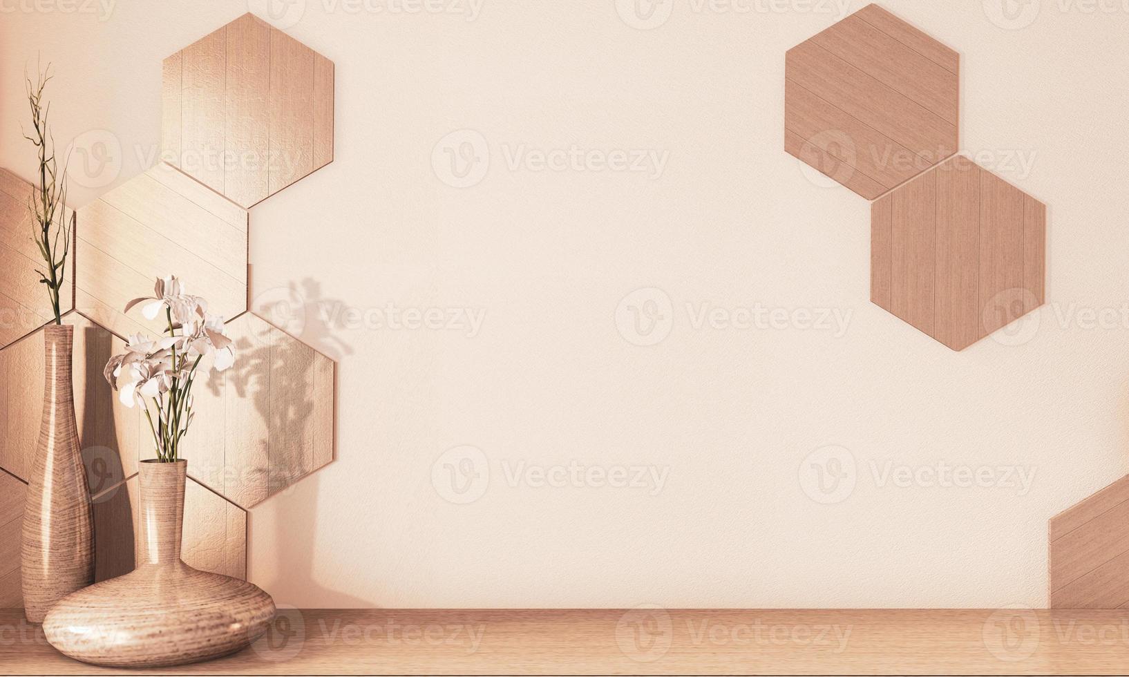 Hexagonfliesen Holz- und Holzvasendekoration auf dem Boden aus Holzerdton. 3D-Rendering foto