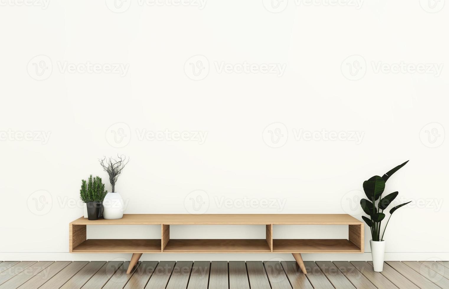 Fernseher auf Holzschrank im modernen leeren Raum und weiße Wand auf weißem Bodenraum im japanischen Stil. 3D-Rendering foto