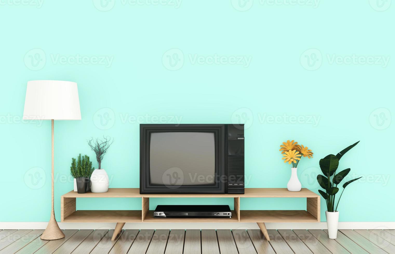 Smart-TV-Modell auf Minzwand im japanischen Wohnzimmer. 3D-Rendering foto