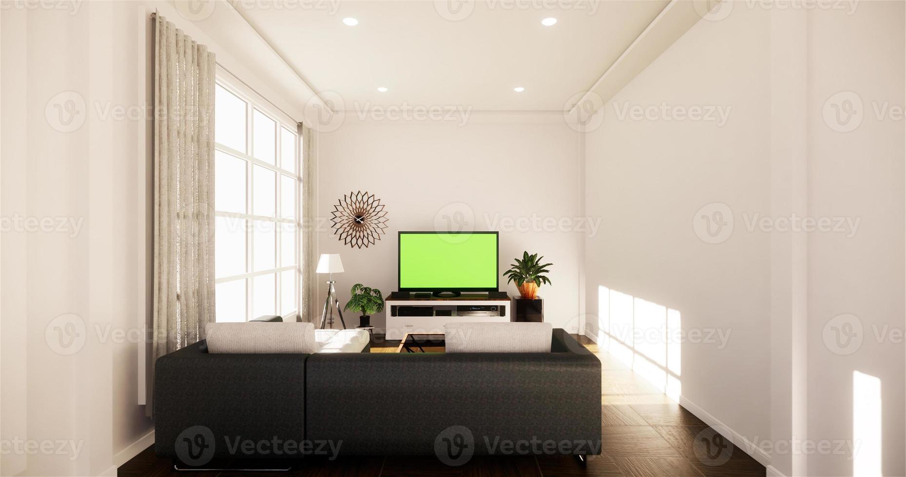 Smart-TV-Modell mit leerem schwarzem Bildschirm, der am Schrankdekor hängt, moderner Wohnzimmer-Zen-Stil. 3D-Rendering foto