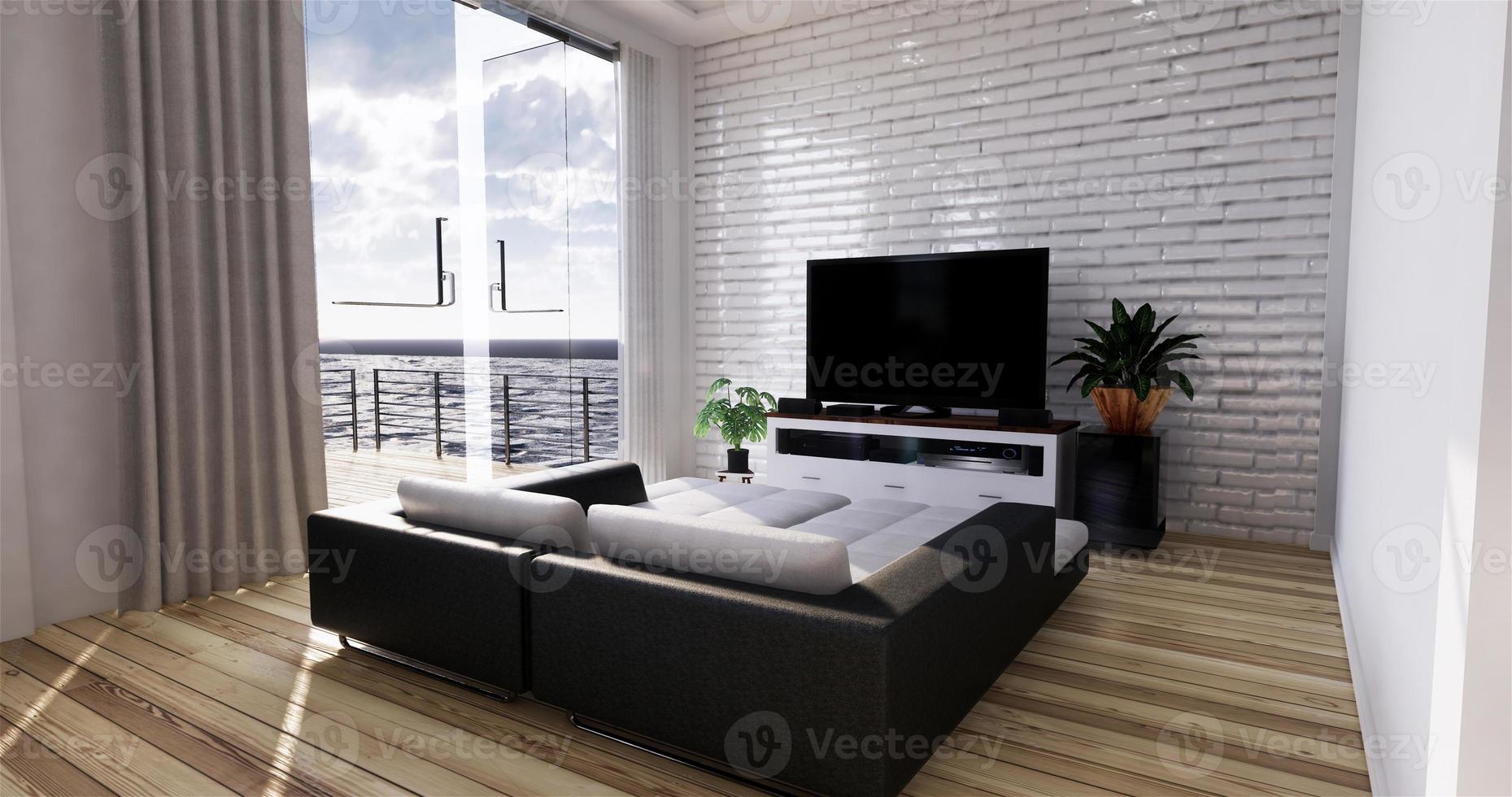 Wohnzimmer mit Meerblick im modernen Strandsommerhaus. 3D-Rendering foto