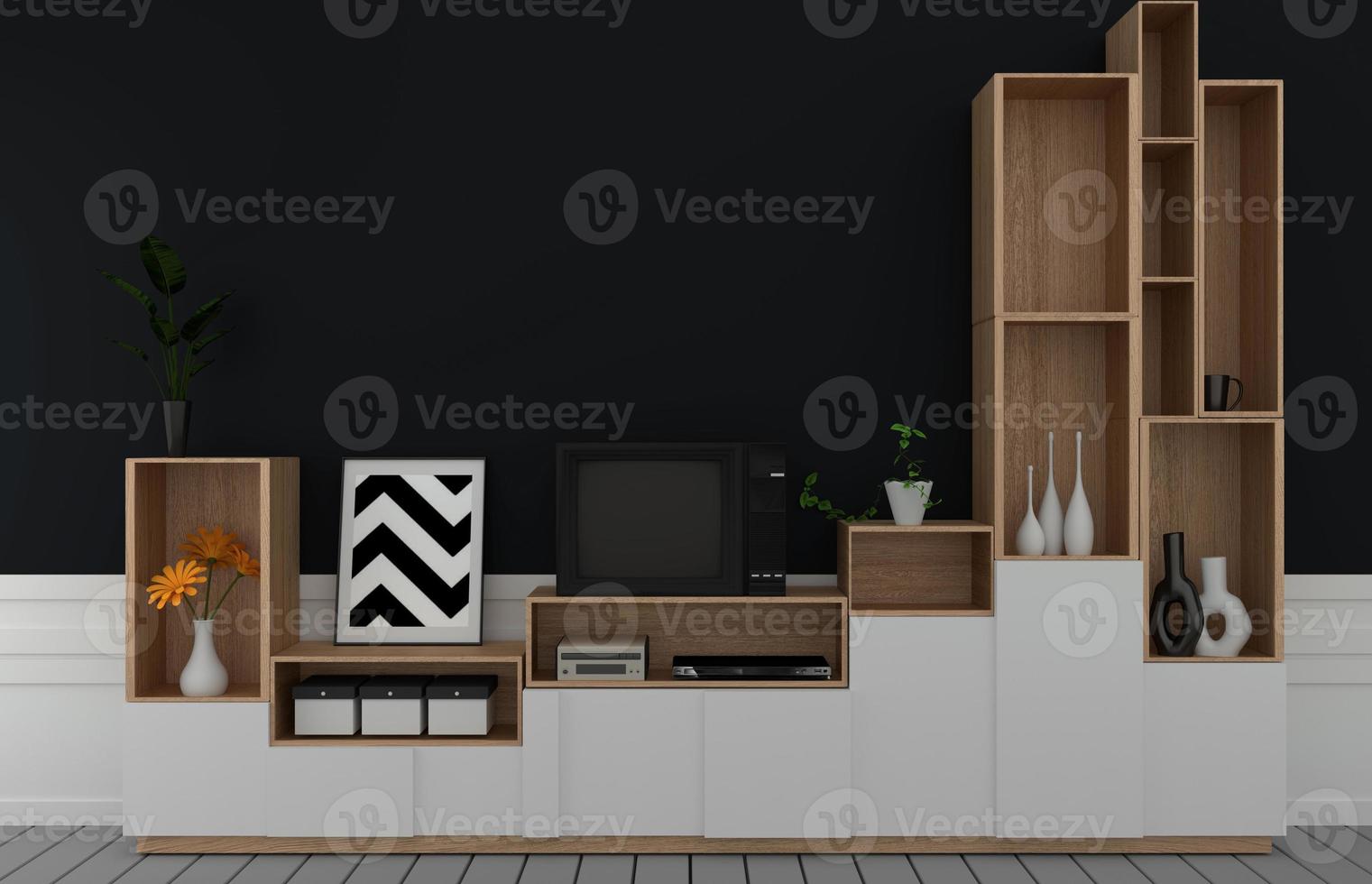 TV auf Schrank in einem modernen leeren Raum, dunkelschwarze Wand auf Holzboden, 3D-Rendering foto
