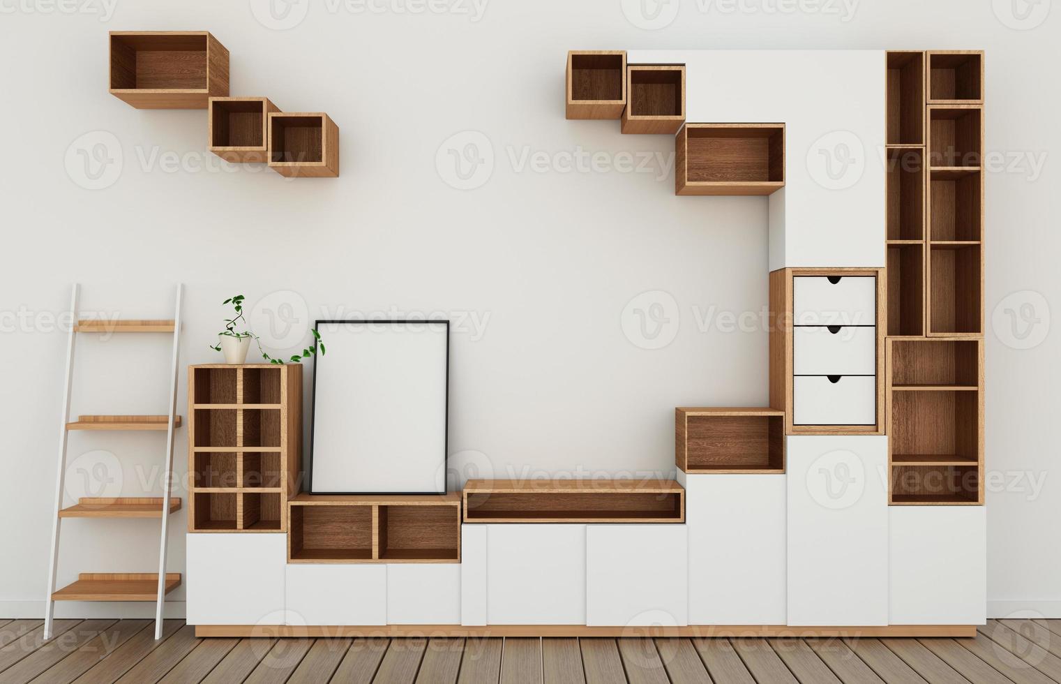 Kabinett-Design-Modell im modernen leeren Raum, weißer Boden aus Holz auf weißem Wandraum im japanischen Stil. 3D-Rendering foto