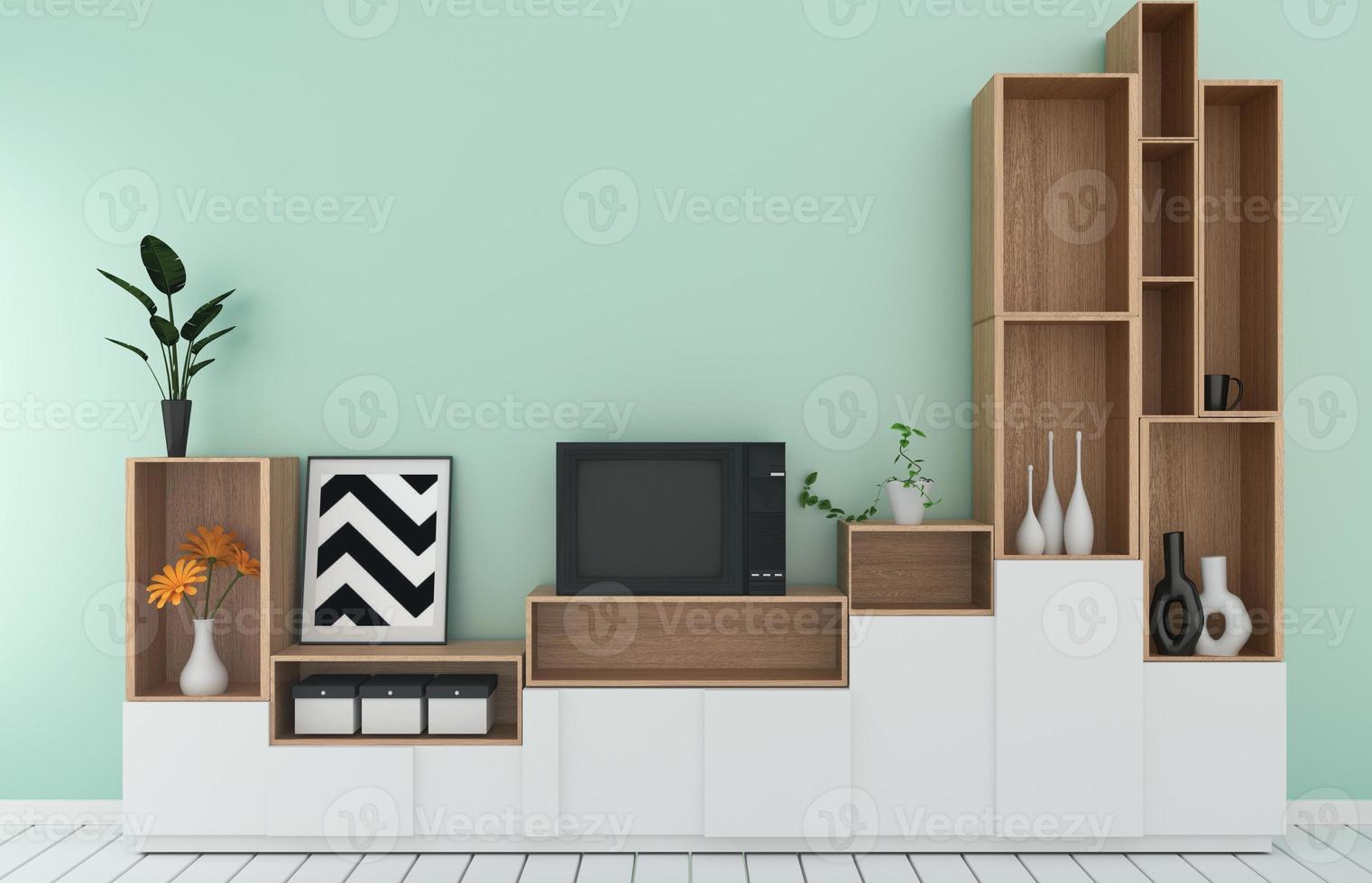 tv-regal im modernen tropischen stil des minzzimmers - leerer rauminnenraum - minimalistisches design. 3D-Rendering foto