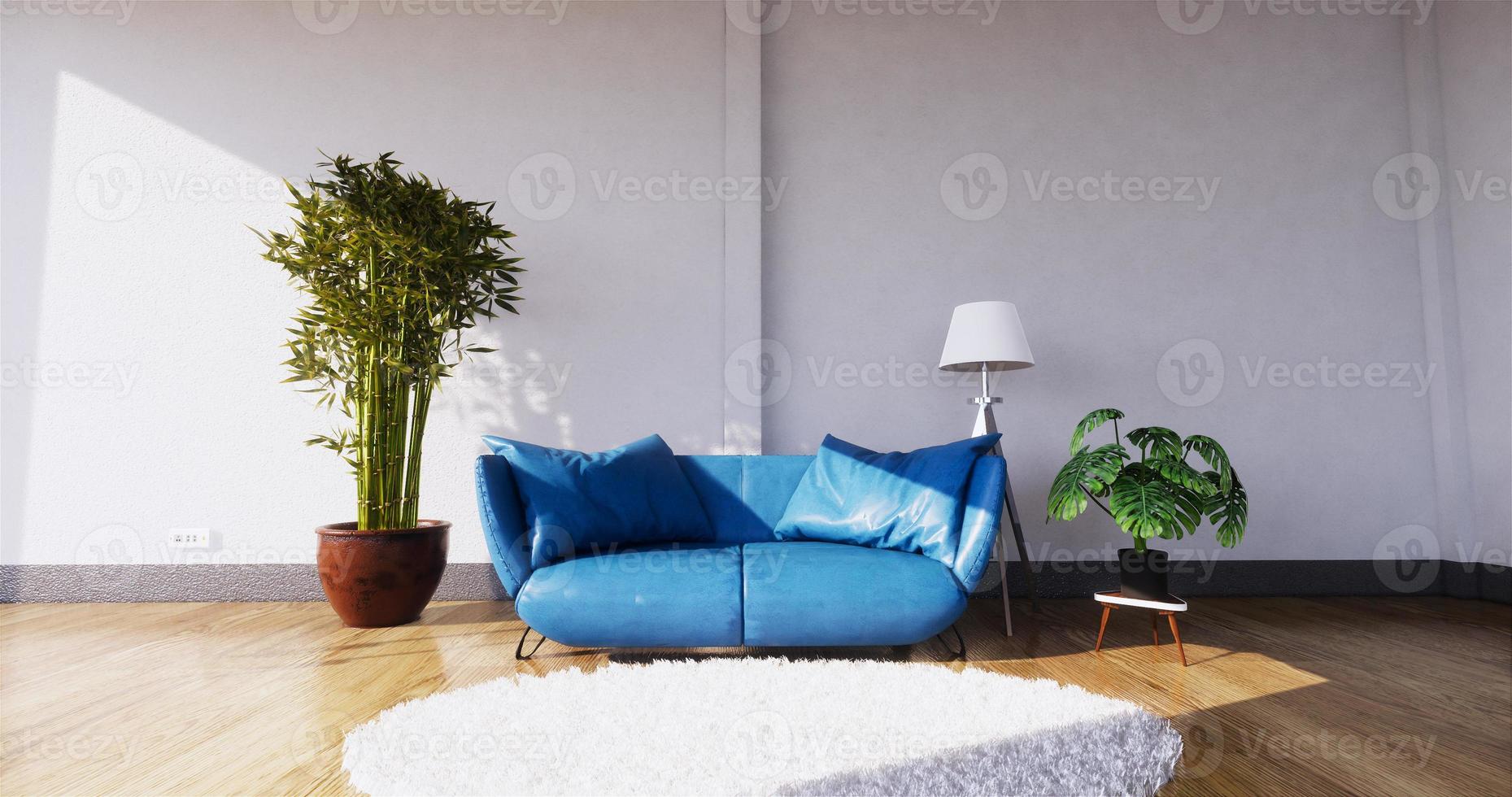 modernes Wohnzimmer mit Sofa und Grünpflanzen, Sofa auf Wandhintergrund. 3D-Rendering foto