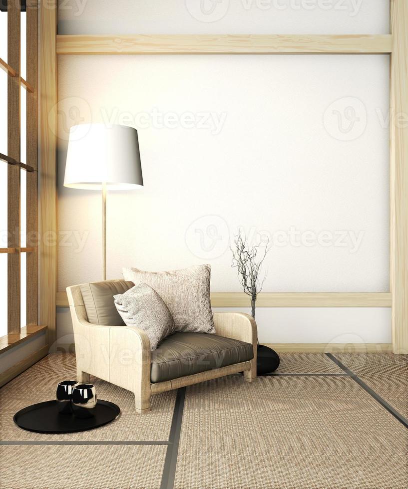 Sofa-Sessel-Mock-up auf Raum-Zen mit Tatami-Boden und Dekoration im japanischen Stil. 3D-Rendering foto