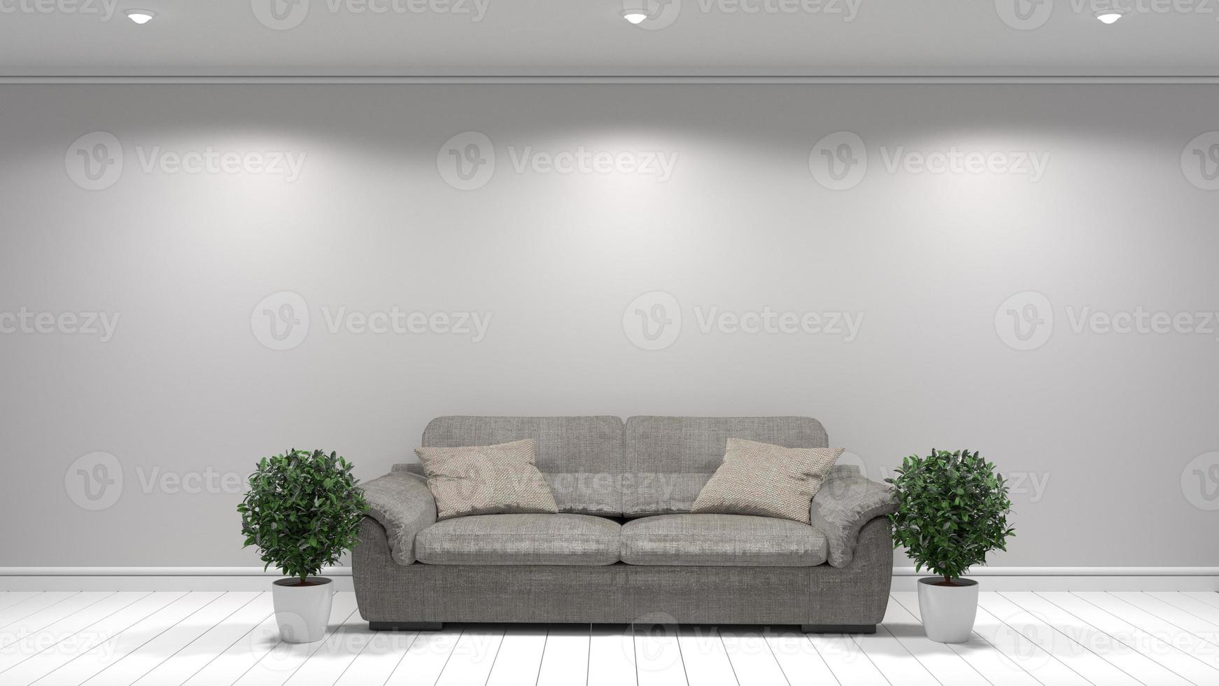 moderner Innenraum mit Sofa und Grünpflanzen im Reinraum, 3D-Rendering foto