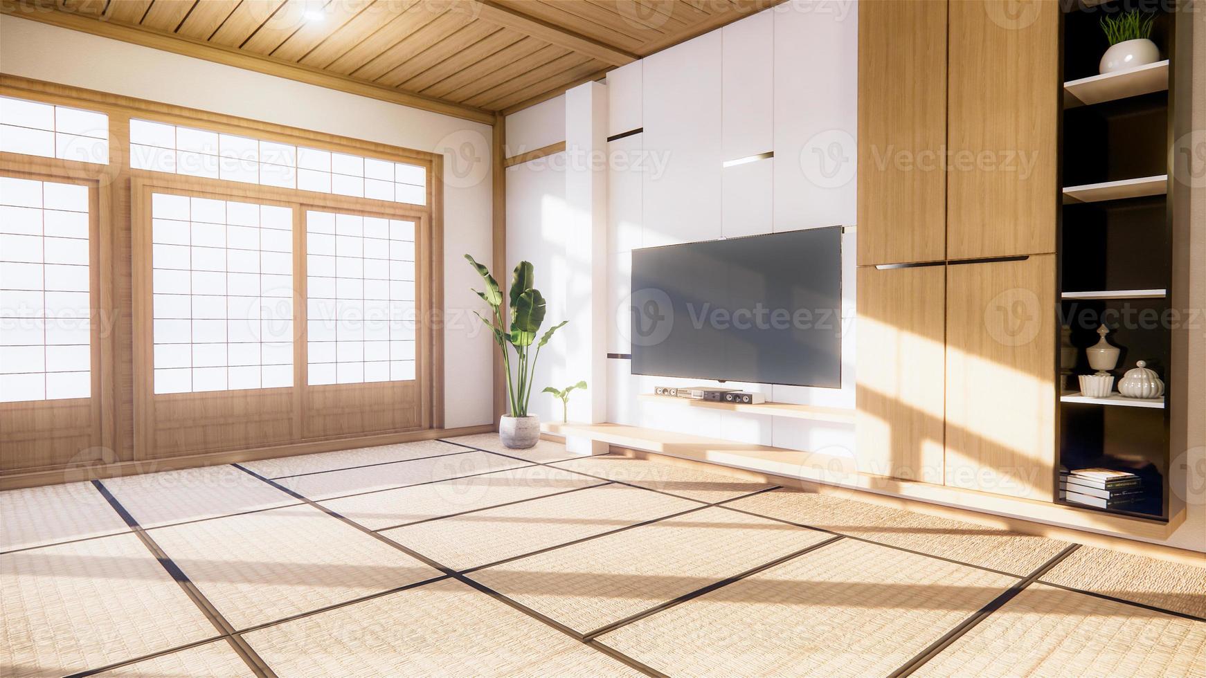 TV-Schrank und Regalwand Design Zen Interieur des Wohnzimmers im japanischen Stil. 3D-Rendering foto