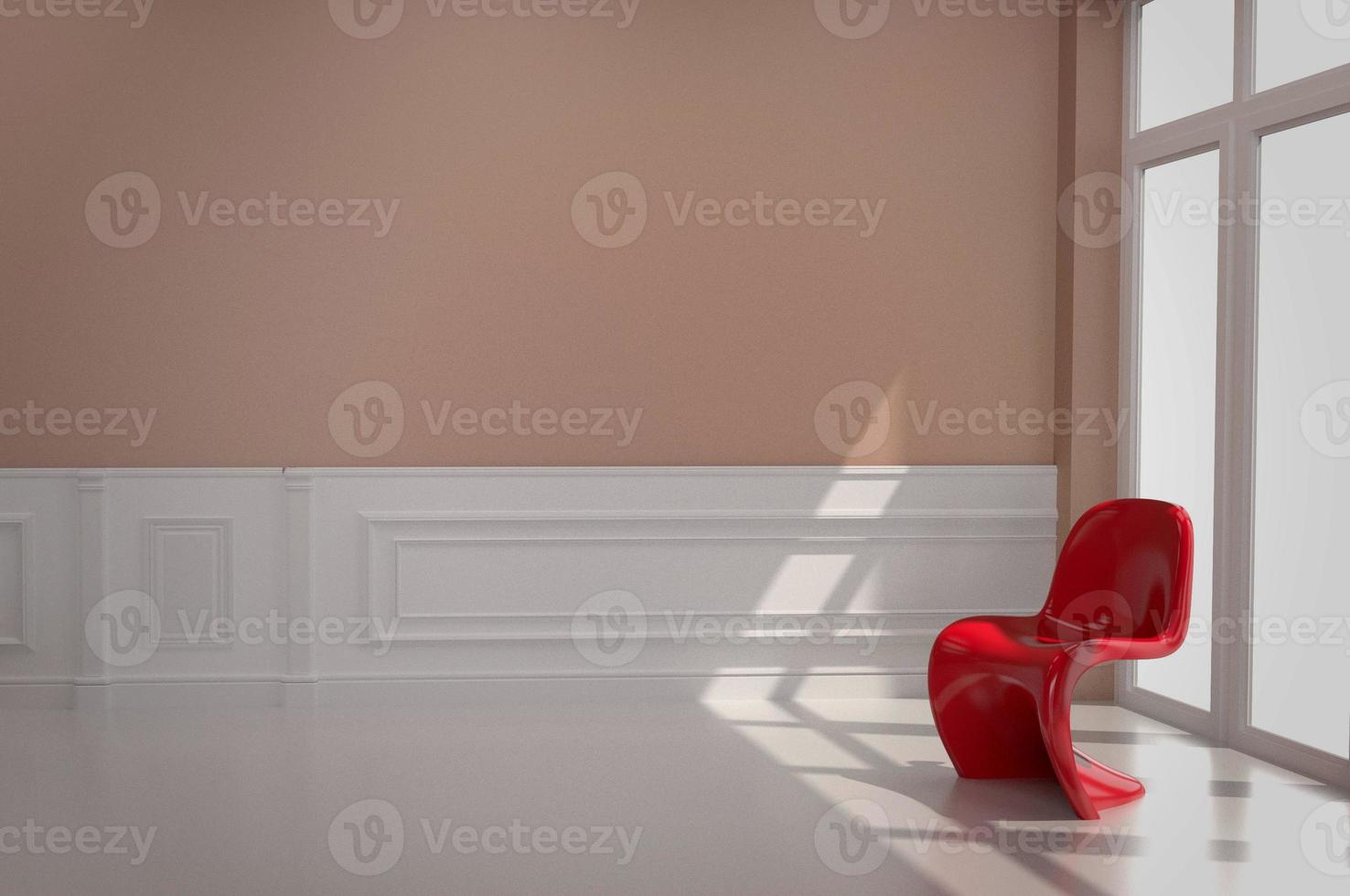 Das Wohnzimmer hat einen roten Stuhl und eine hellrote Wand, 3D-Renderbild foto