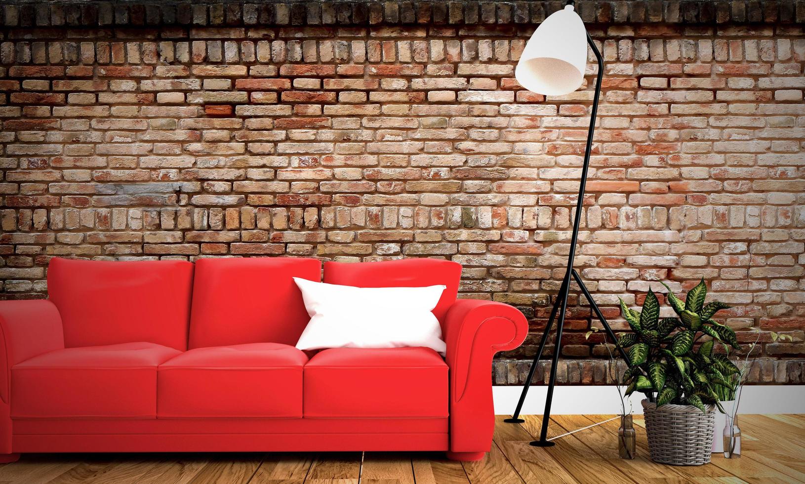 rotes Sofa und Kissen mit Backsteinmauerhintergrund auf Holzboden. 3D-Rendering foto