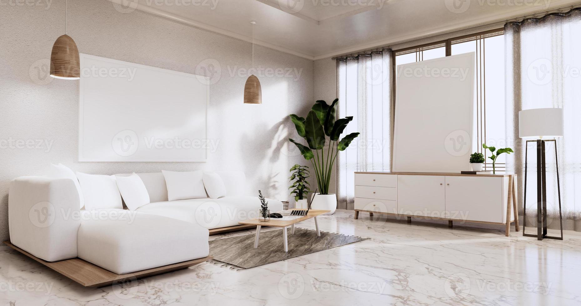 Interieur, Wohnzimmer moderner Minimalist hat Sofa auf weißer Wand und Granitfliesenboden. 3D-Rendering foto