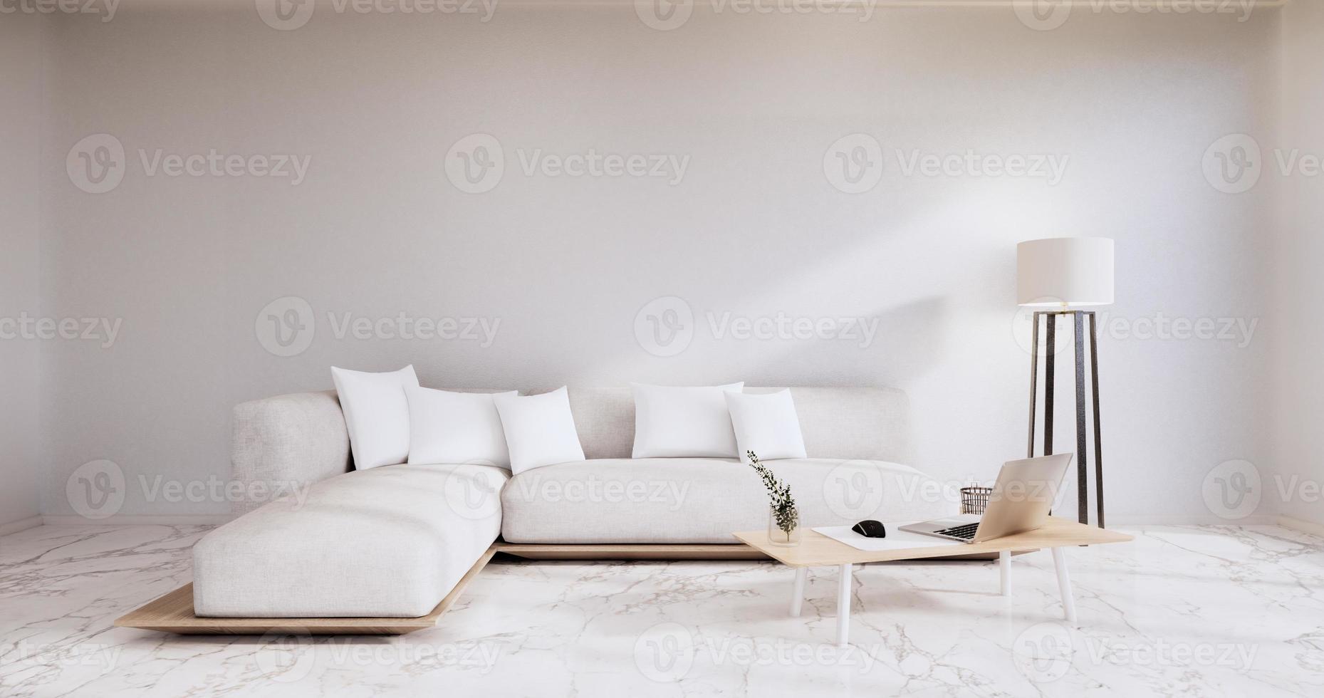 Interieur, Wohnzimmer moderner Minimalist hat Sofa auf weißer Wand und Granitfliesenboden. 3D-Rendering foto