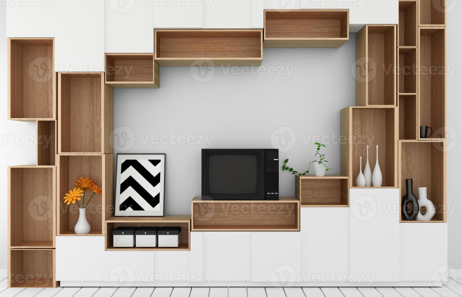 Kabinettmodell im modernen leeren Raum, weißer Boden aus Holz auf weißem Wandraum im japanischen Stil. 3D-Rendering foto