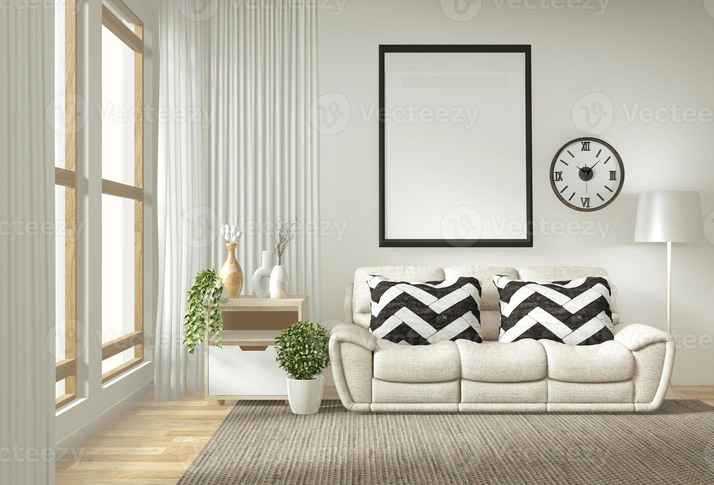 Innenplakatrahmen mock-up Wohnzimmer mit weißem Sofazimmer minimalistischem Design. 3D-Rendering. foto