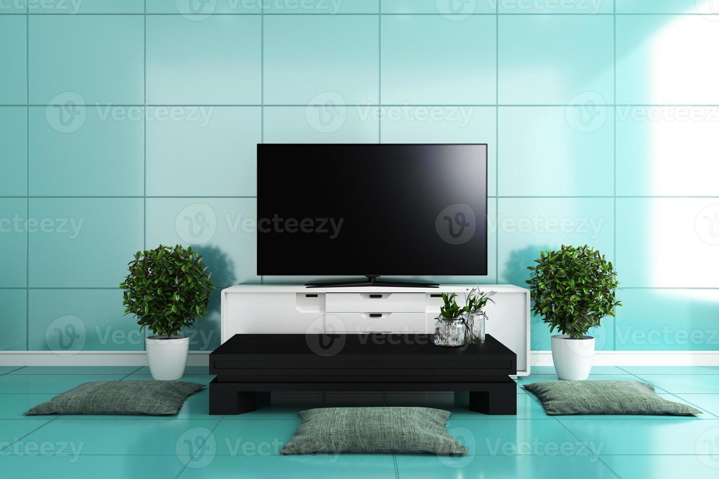 tv im modernen wohnzimmer, mintfarbenes fliesendesign bunt. 3D-Rendering foto