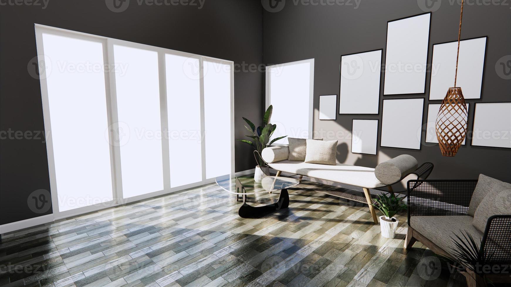 modernes Interieur mit Sofa und Sessel auf dunklen Wand- und Bodenfliesen des Zimmers. 3D-Rendering foto