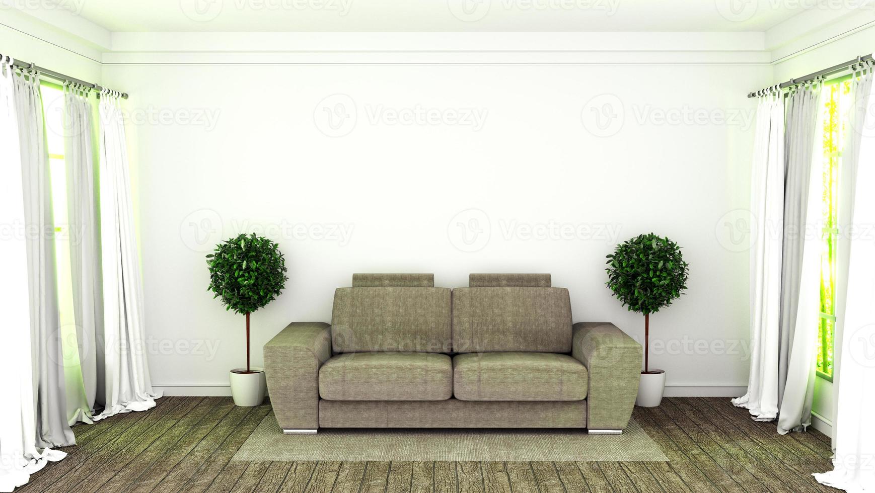 moderner Innenraum mit Sofa und Grünpflanzen im Reinraum, 3D-Rendering foto