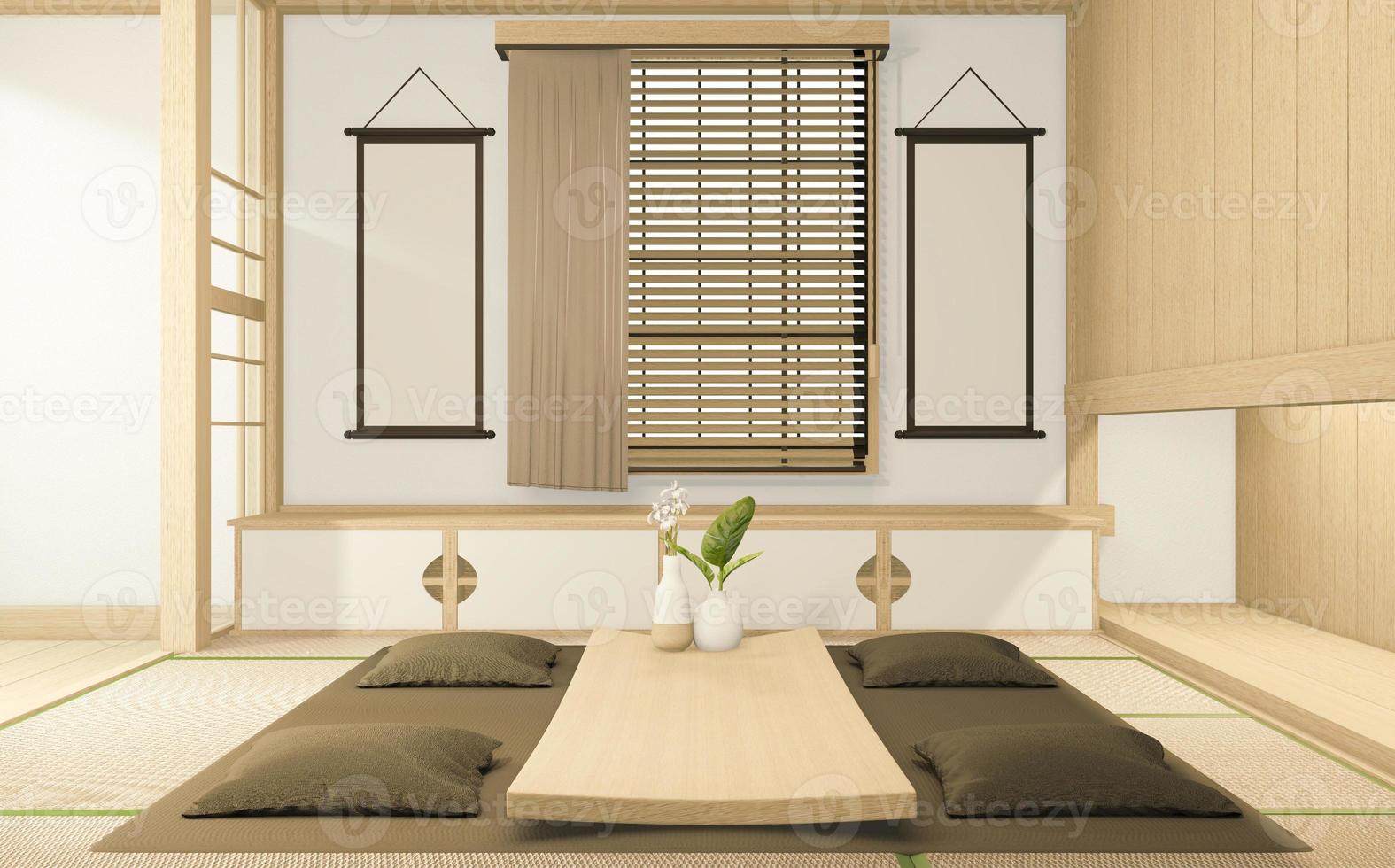fernsehschrank und sessel im japanischen stil auf zimmer ryokan minimalistisches design. 3D-Rendering foto