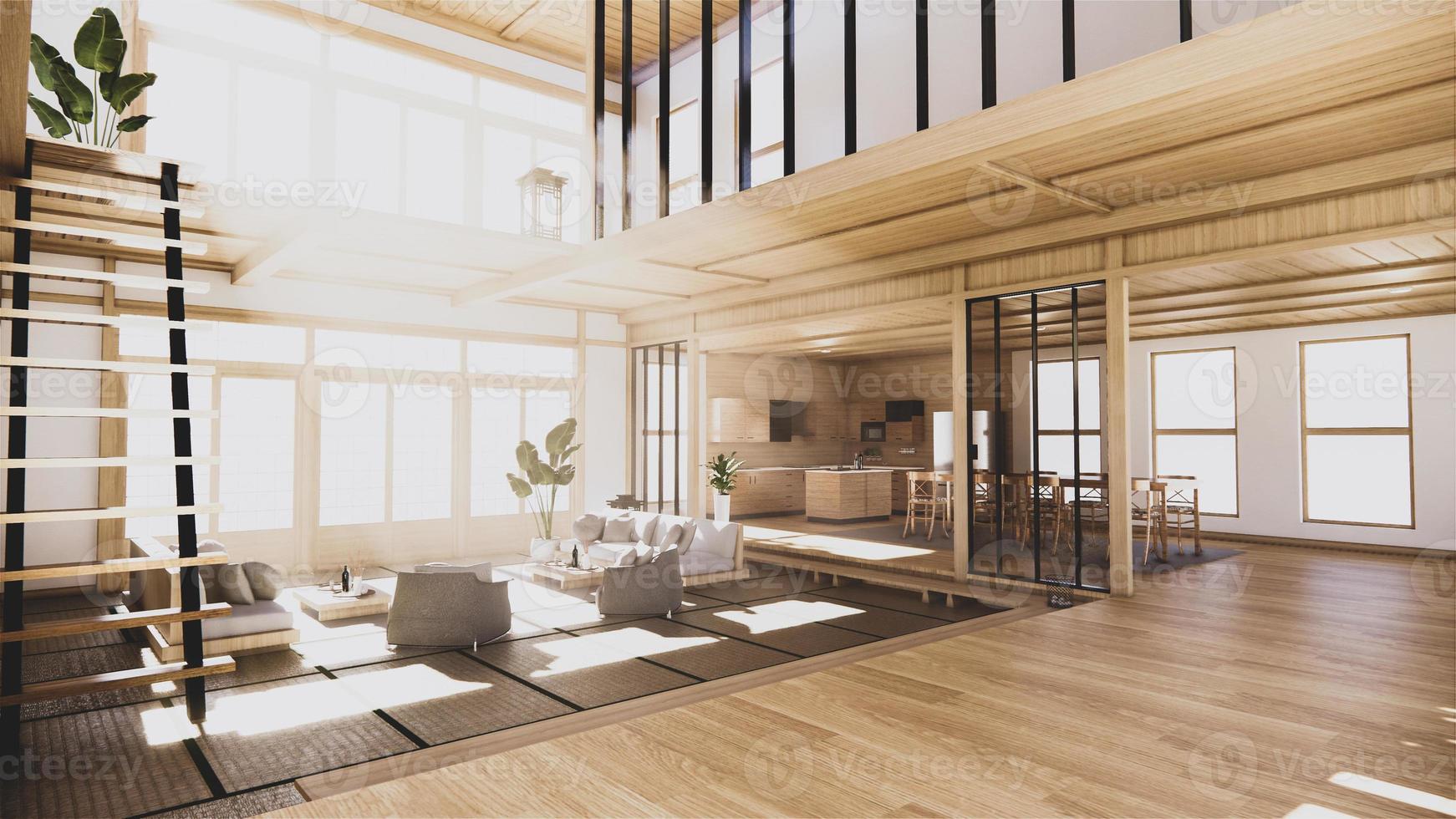 Interieur im japanischen Stil im ersten Stock eines zweistöckigen Hauses. 3D-Rendering foto