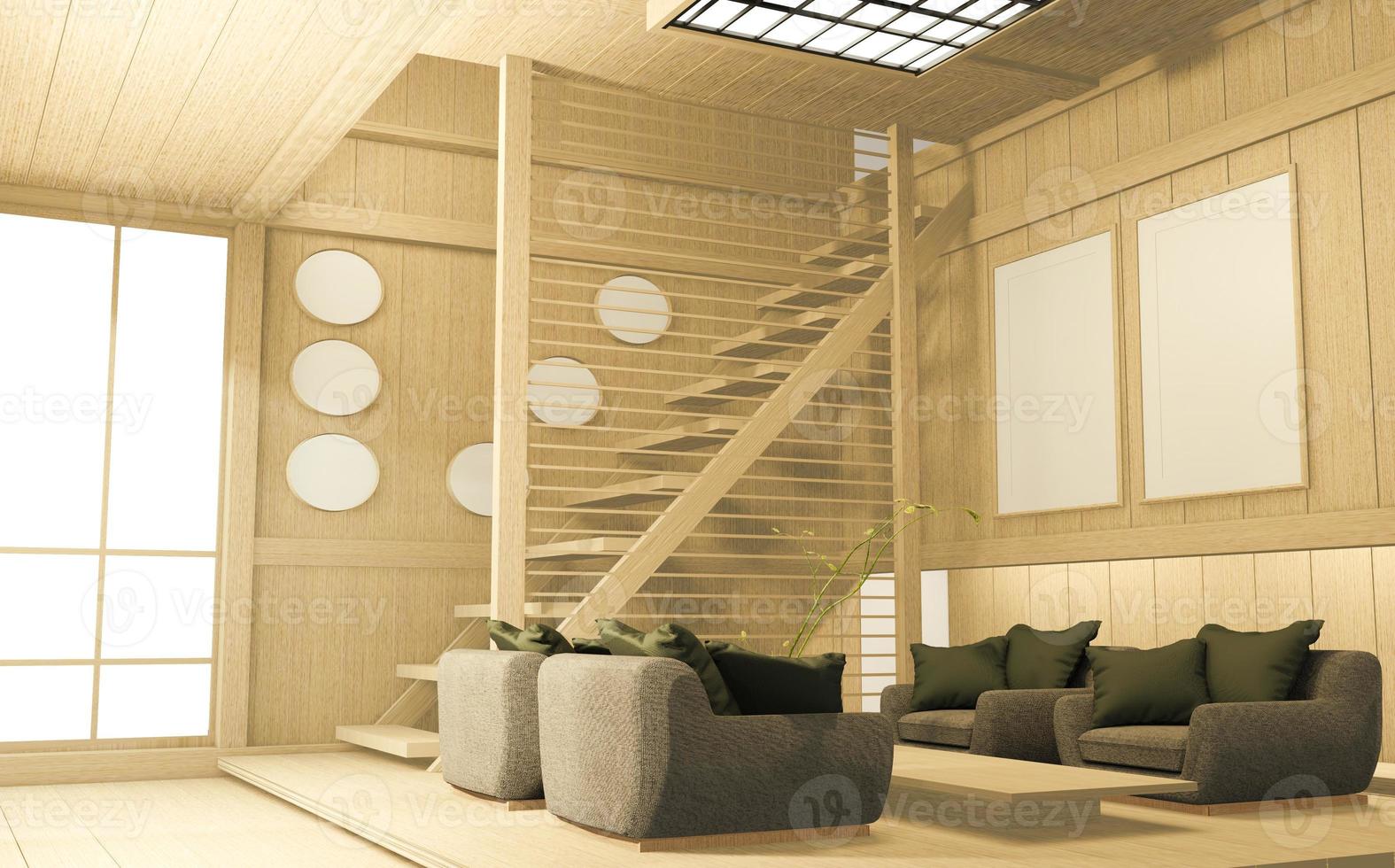 tropisches Innendesign mit Sofa für Wohnzimmer im japanischen Stil. 3D-Rendering foto