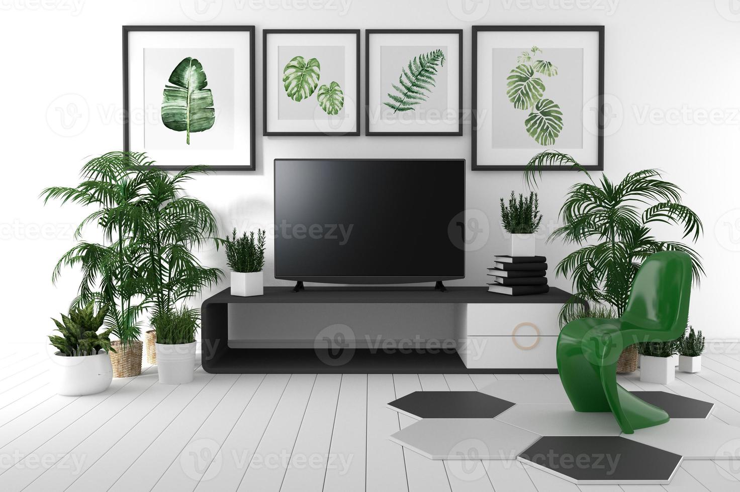 TV auf dem Schrank im tropischen Wohnzimmer auf weißem Wandhintergrund, 3D-Rendering foto