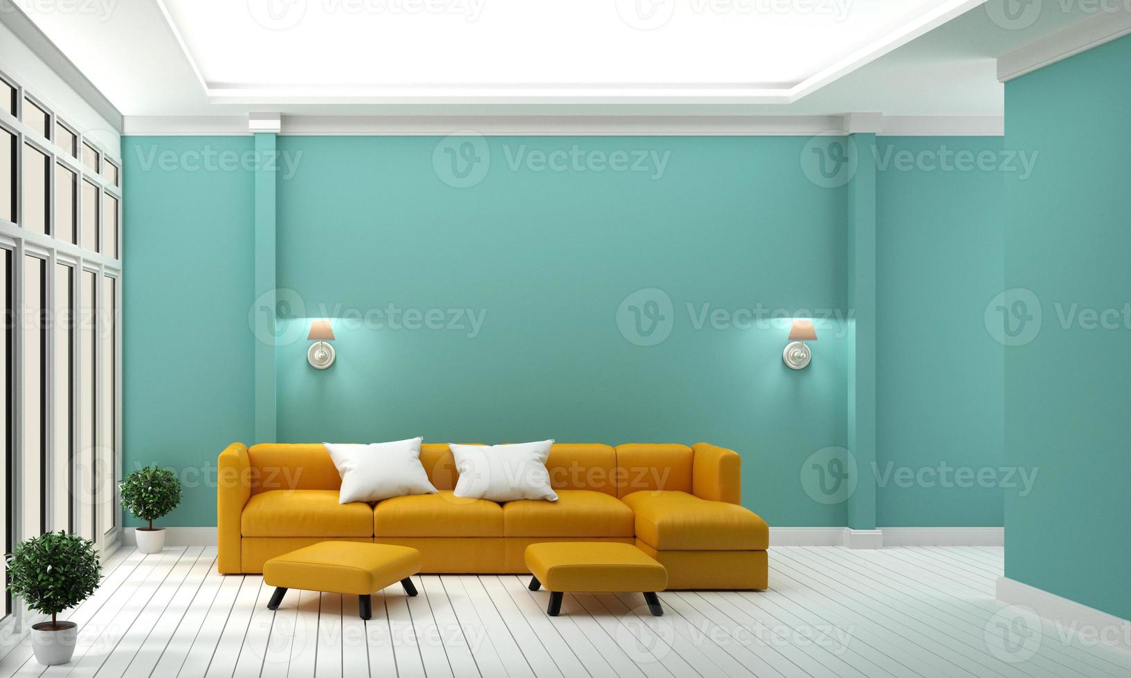 Luxuszimmer - gelbes Sofa auf mintfarbener Wand modernes Interieur .3D-Rendering foto