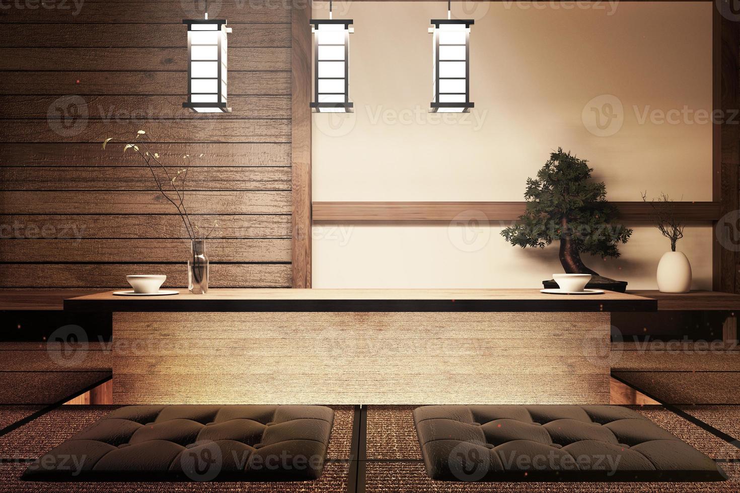 Mock Up - Wohnzimmer mit Lampe, Holztischdekoration und Bonsai-Baum. 3D-Rendering foto