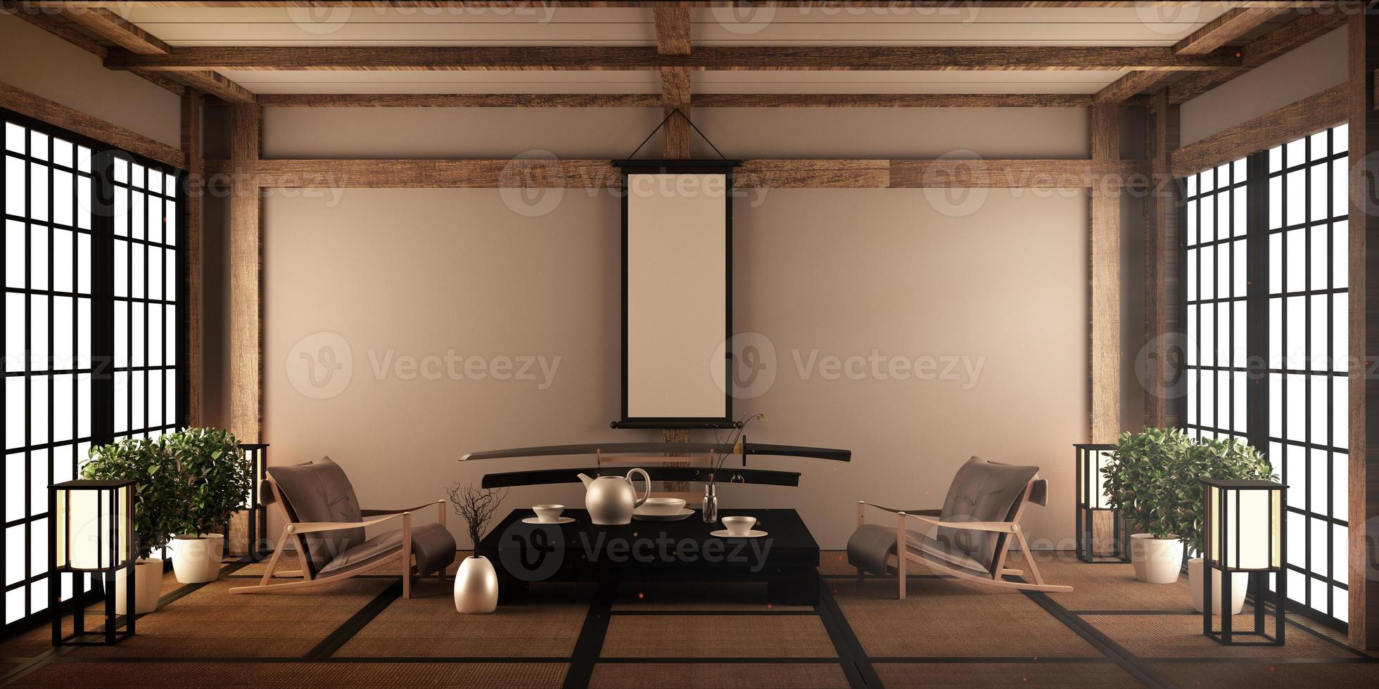 Großes ZimmerInnendesign im modernen Wohnzimmer mit schwarzem niedrigem Tisch, Lampe, Vase und Dekor im japanischen Stil. 3D-Rendering foto