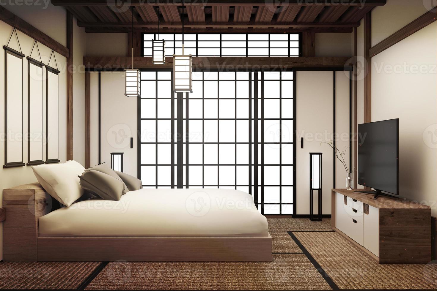 Schlafzimmer, japanische Schlafzimmereinrichtung hat Lampe und Smart-TV. 3D-Rendering foto