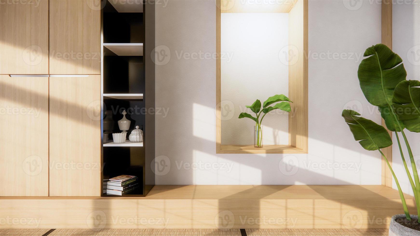 TV-Schrank und Regalwand Design Zen Interieur des Wohnzimmers im japanischen Stil. 3D-Rendering foto