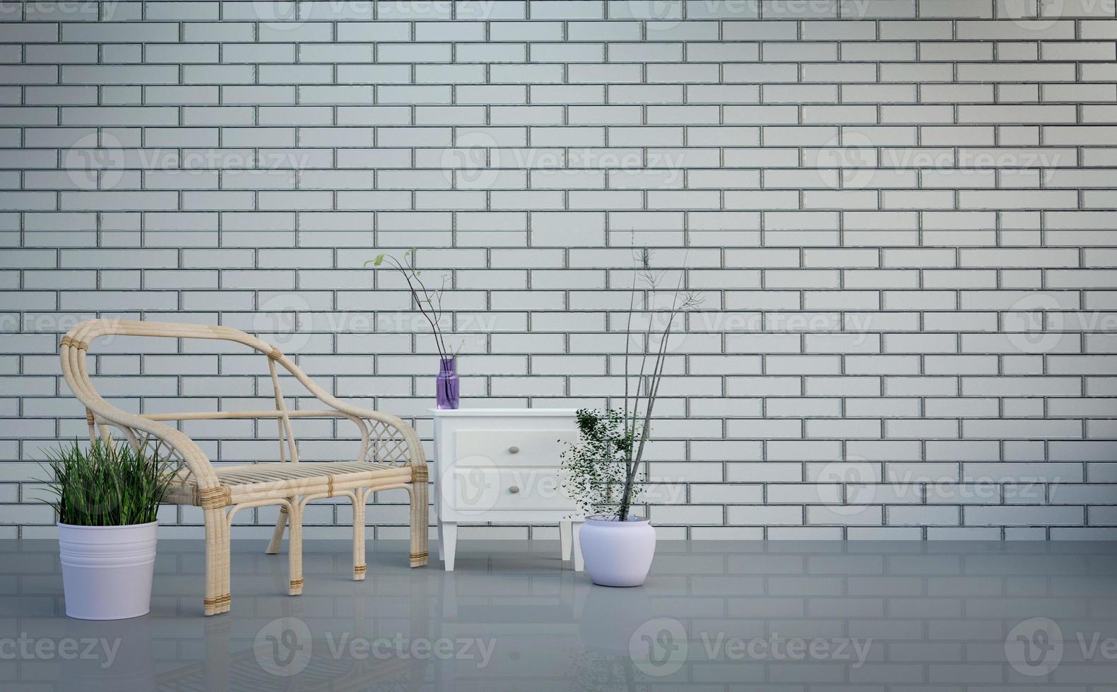 modernes Loft-Interieur, Wohnzimmer, Tisch und Pflanzen auf hellgrauem Ziegelsteinwandhintergrund, 3D-Rendering foto