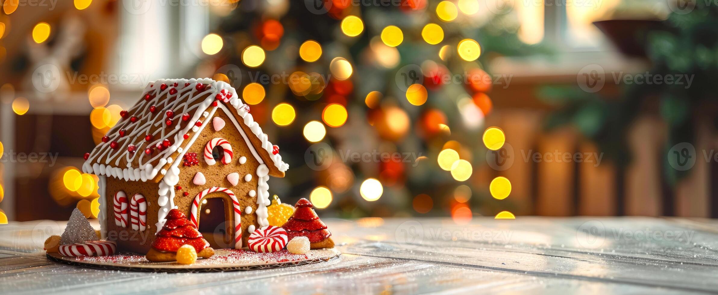 festlich Lebkuchen Haus mit Süßigkeiten Dekorationen und Weihnachten Beleuchtung. Konzept von Urlaub Backen, festlich Nachtisch, Weihnachten Dekor, Winter Feier. Banner. Kopieren Raum foto