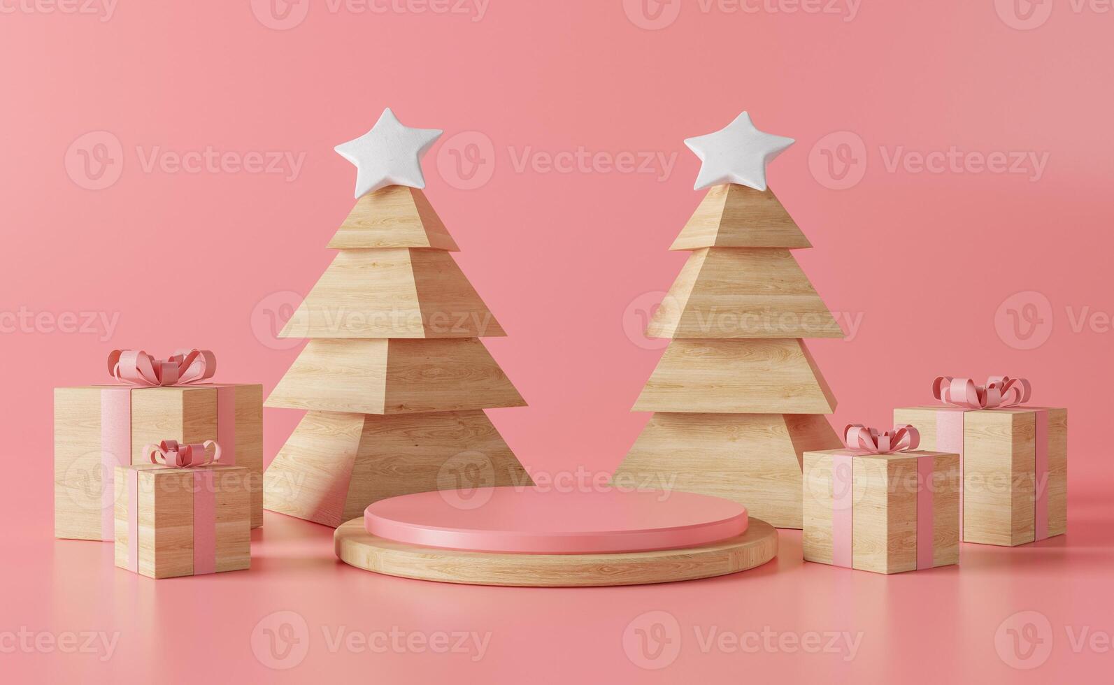 Weihnachtspodest mit Bäumen und Holzgeschenken foto