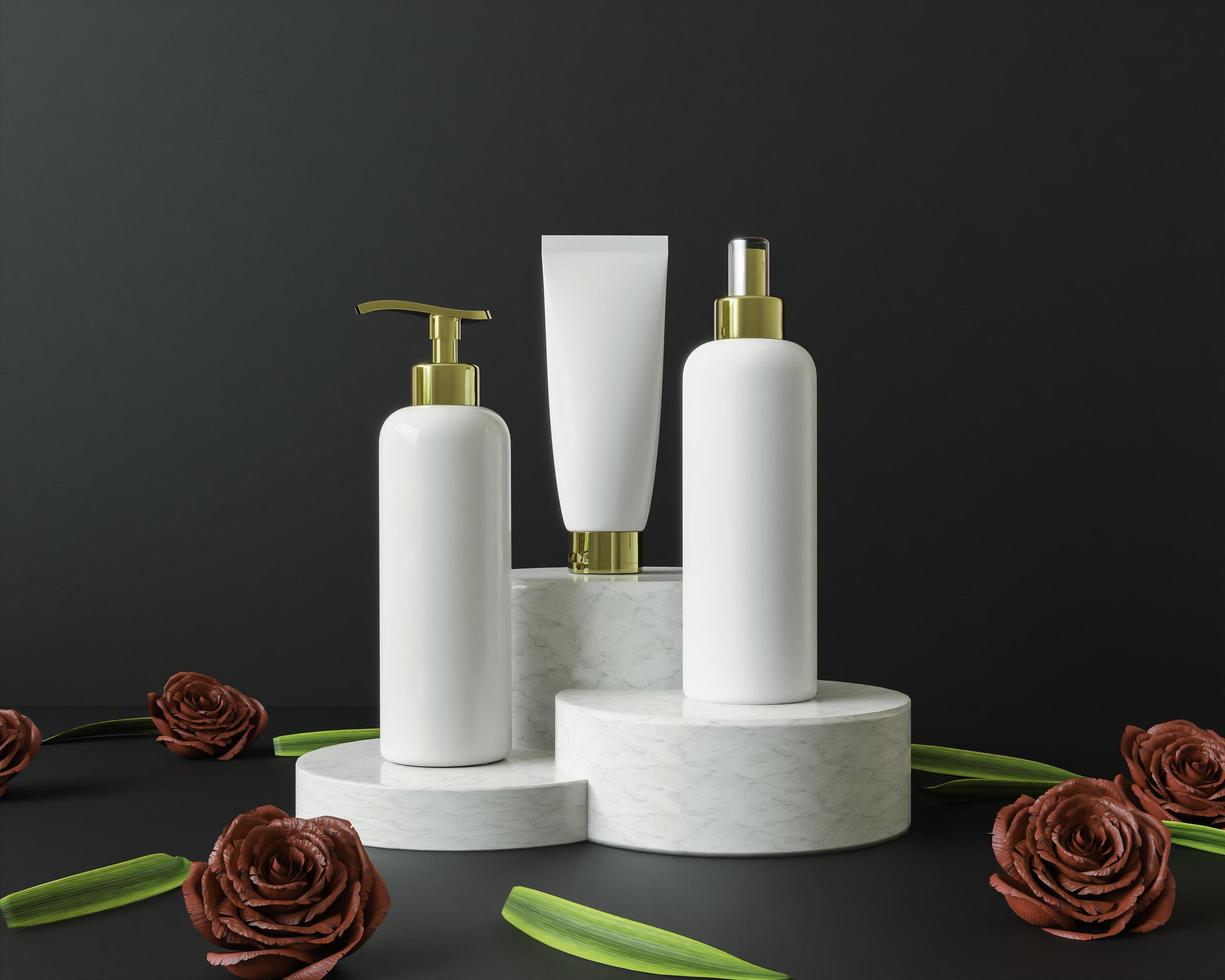 Creme- oder Parfümpumpflasche auf schwarzem Hintergrund und Rose foto