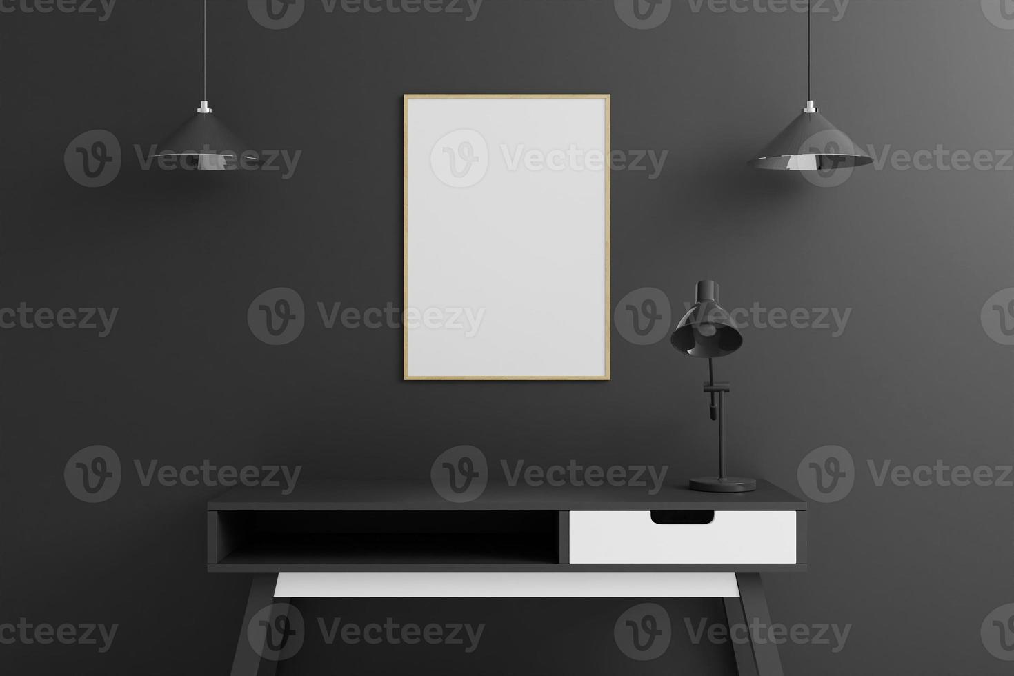 Vertikales Holzplakat oder Fotorahmenmodell mit Tisch im Wohnzimmer auf leerem schwarzem Wandhintergrund. 3D-Rendering. foto