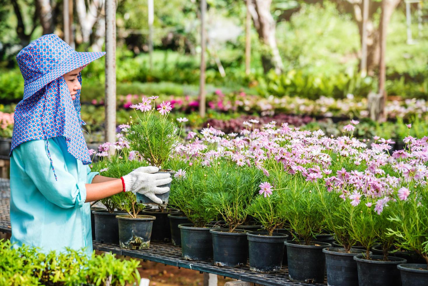 glückliche Arbeiterin asiatische Frau mit dem Pflanzen von Blumen, die sich um Blumen im Gewächshaus kümmert. foto