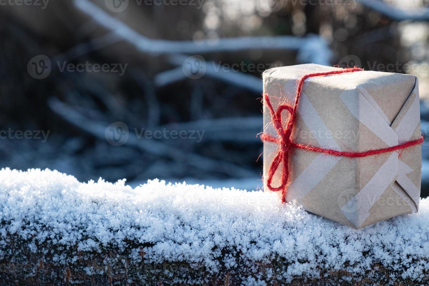 Neujahrsgeschenk auf schneebedecktem Baum mit Kopienraum foto