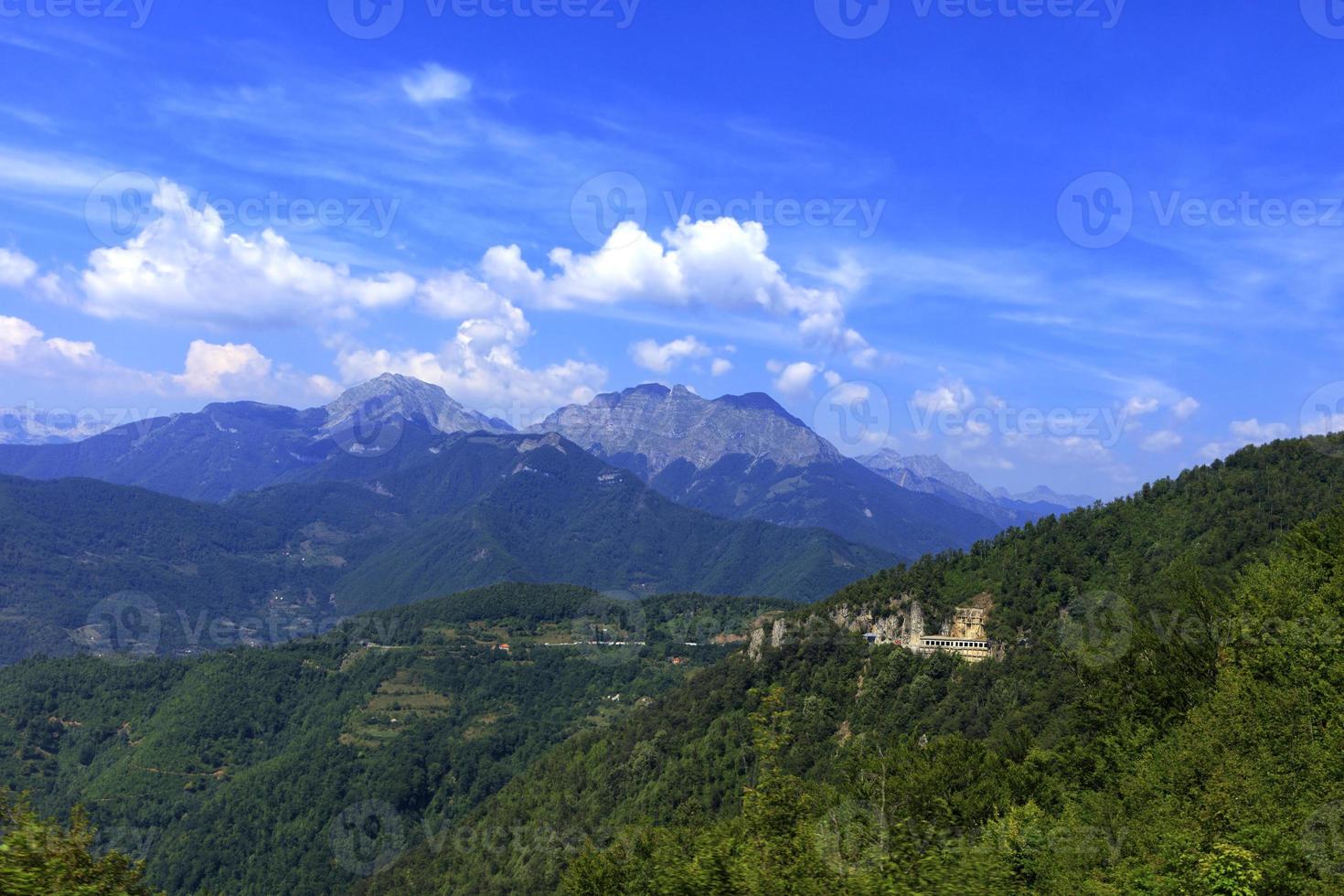 bergpanorama landschaft der felsigen rücken von montenegro mit dichtem wald bewachsen foto