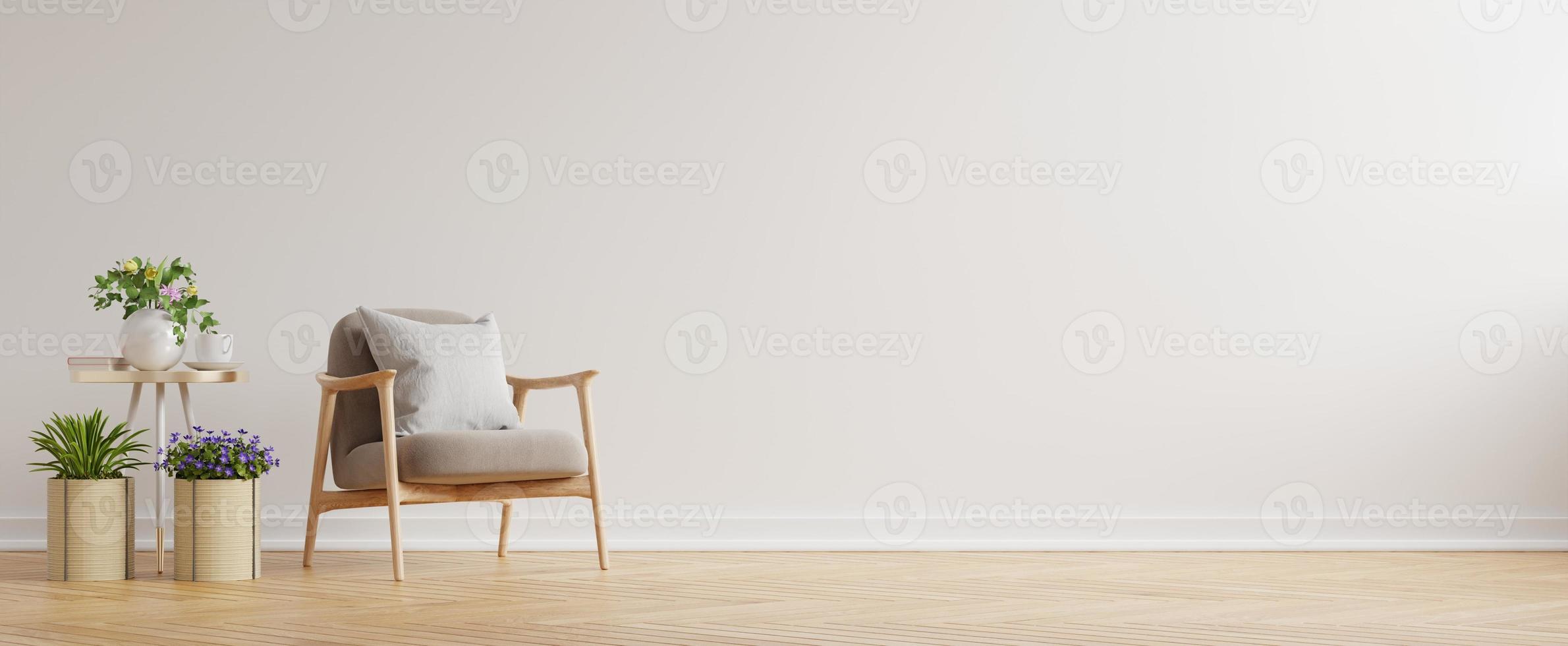 modernes minimalistisches Interieur mit einem Sessel auf leerem weißem Wandhintergrund. foto