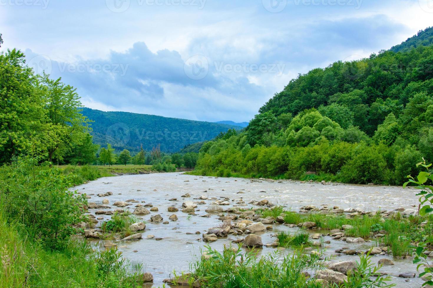 eine wunderschöne Landschaft in den Karpaten mit einem Fluss im Hintergrund foto