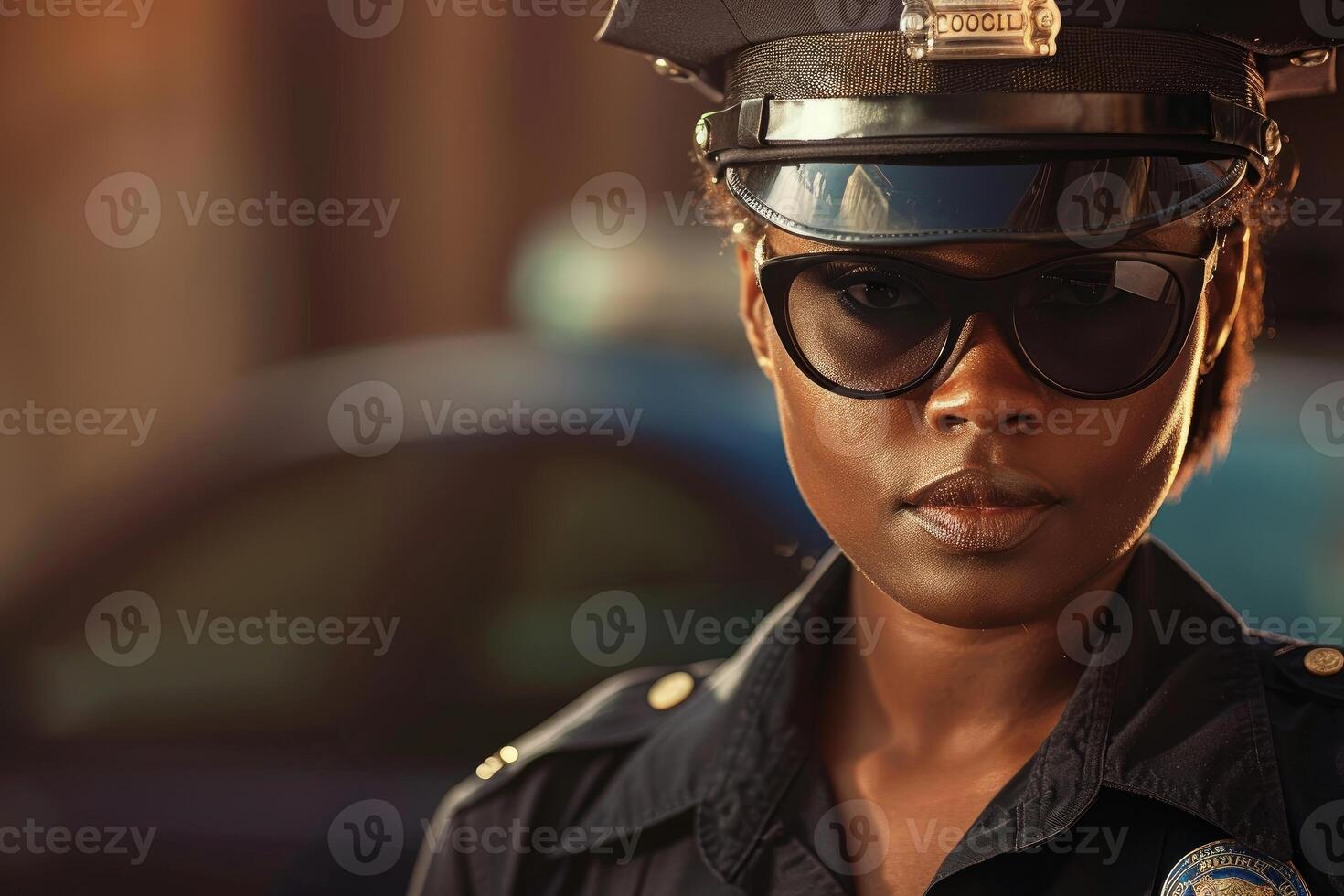 zuversichtlich weiblich Polizei Offizier im Sonnenbrille foto