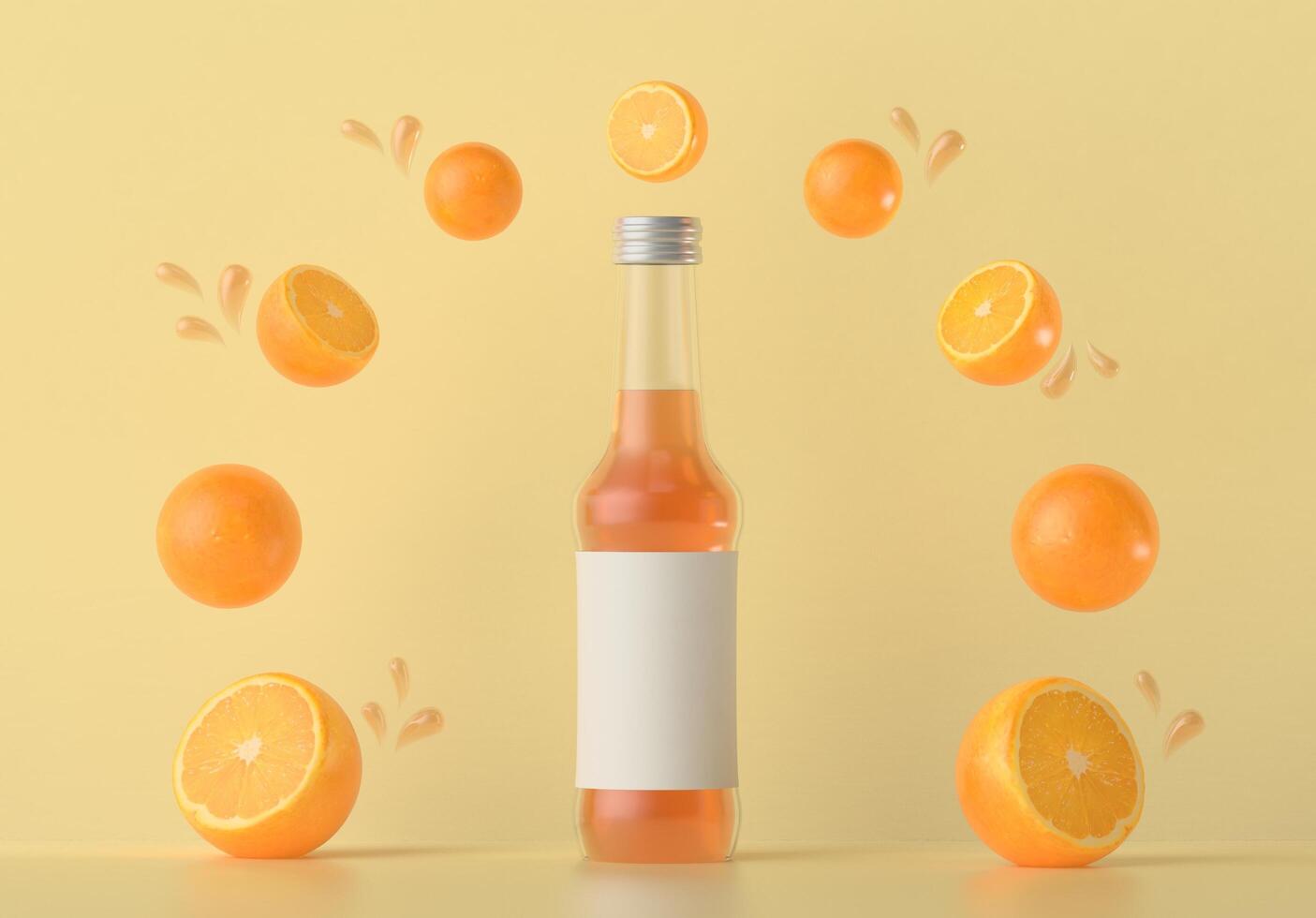 eine Flasche zum Verpacken von Orangensaft mit Orangen. foto