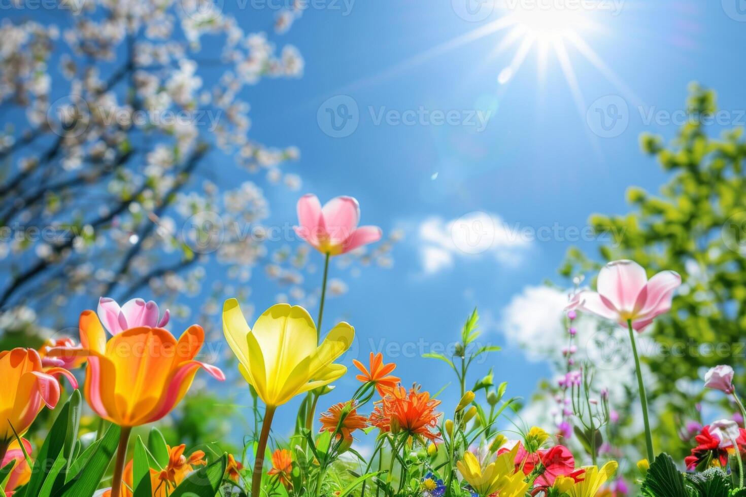 ein Feld von Blumen mit ein Blau Himmel im das Hintergrund foto