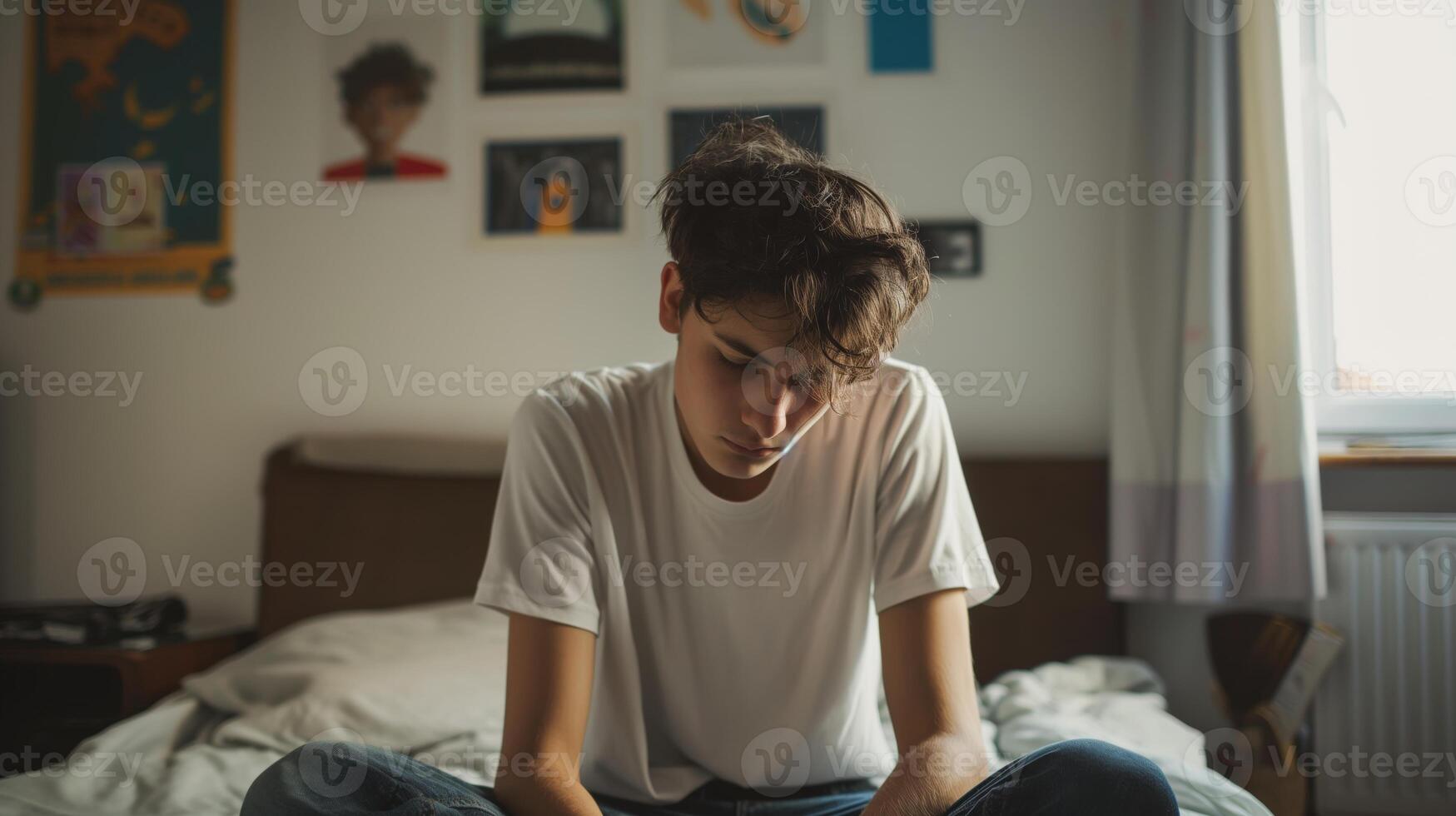 Süd- europäisch Teenager Junge im beiläufig Schlafzimmer Einstellung, nachdenklich und reflektierend Moment, Ideal zum redaktionell und Lebensstil Inhalt foto