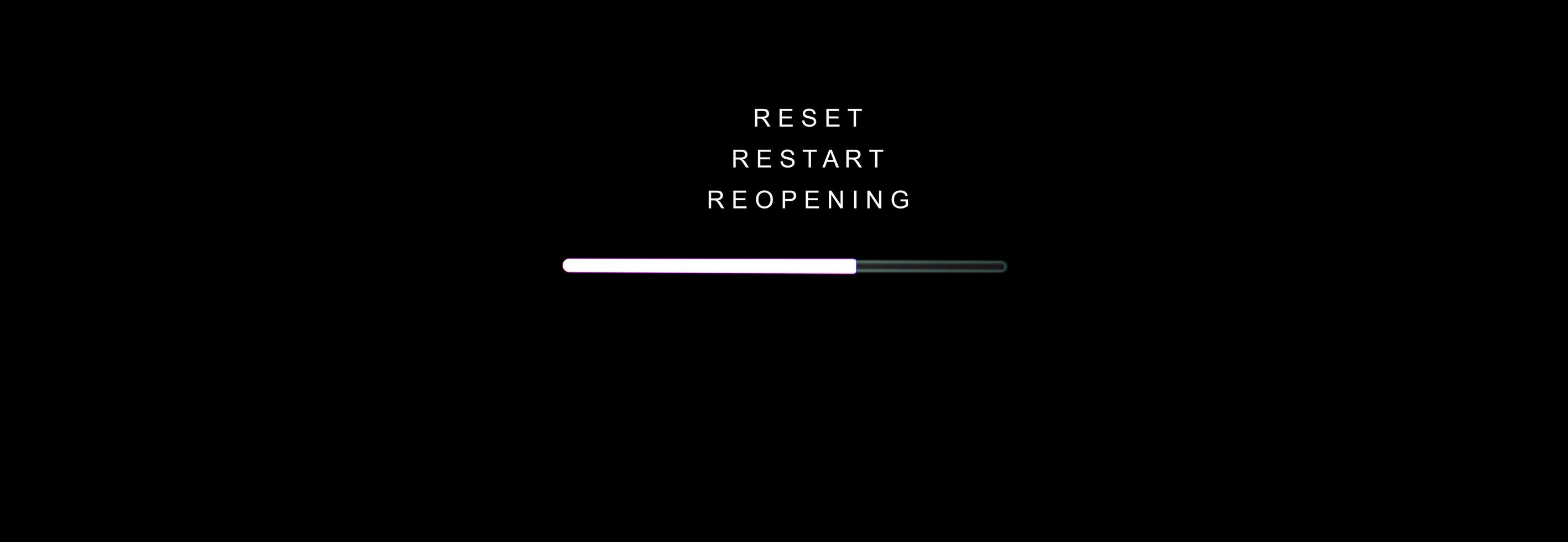 Reset-, Neustart- und Wiedereröffnungskonzept, Ladeschild auf schwarzem Computerbildschirm foto