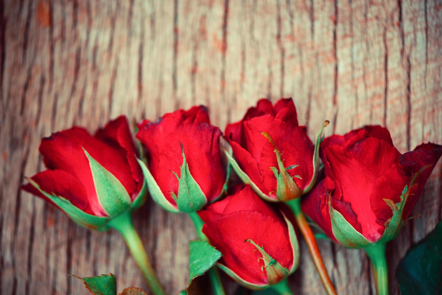 Rote Rosen Blumenstrauß auf rustikalem Holzhintergrund - Blumen Rosenblätter romantisches Liebes-Valentinstag-Konzept foto