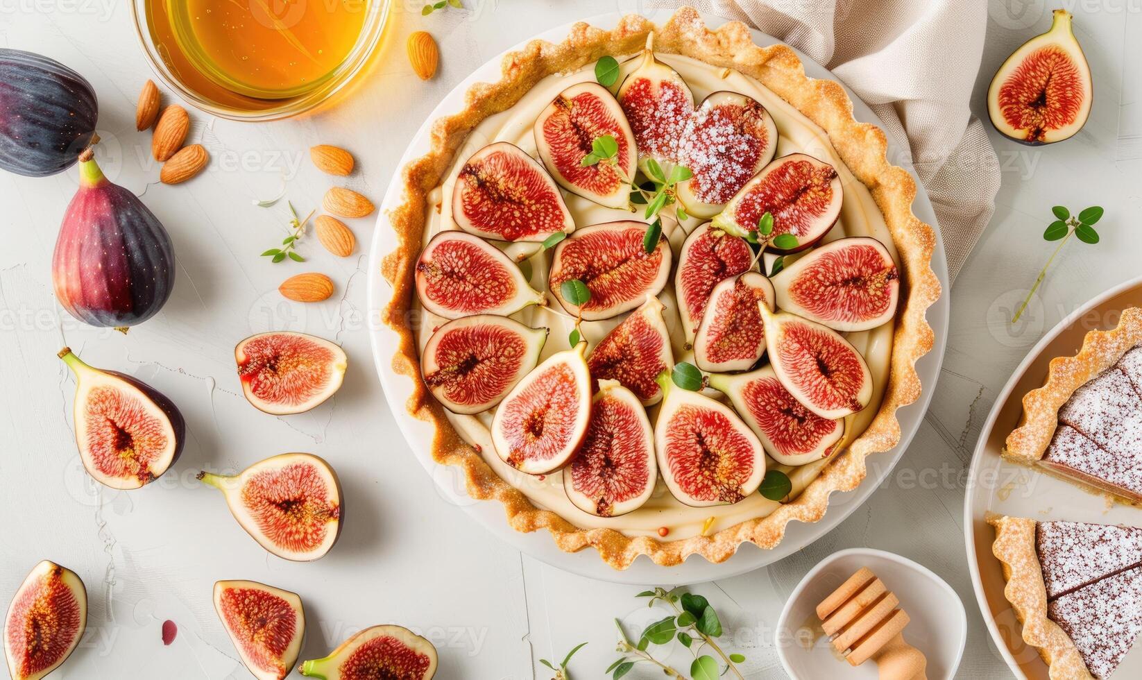 Feige und Mandel Torte mit ein Honig Nieselregen und frisch Feigen foto